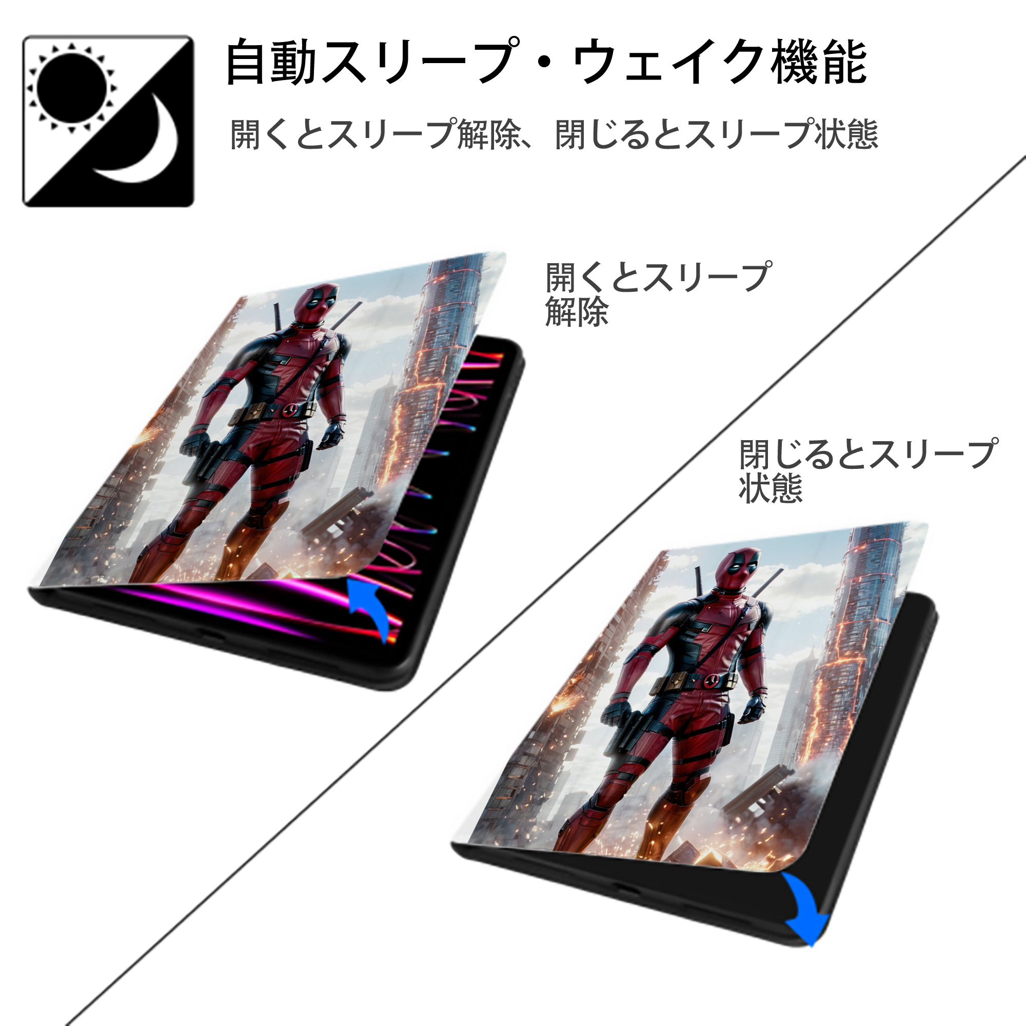 Deadpool デッドプール IPad ケース ペン収納付き 三つ折りスタンド PUレザー×シリコン 対応機種9.5/10.5/10.9インチ