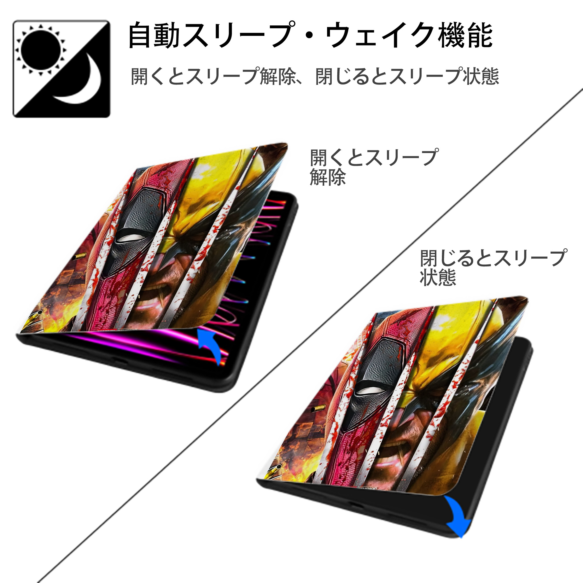 Deadpool デッドプール IPad ケース ペン収納付き 三つ折りスタンド PUレザー×シリコン 対応機種9.5/10.5/10.9インチ