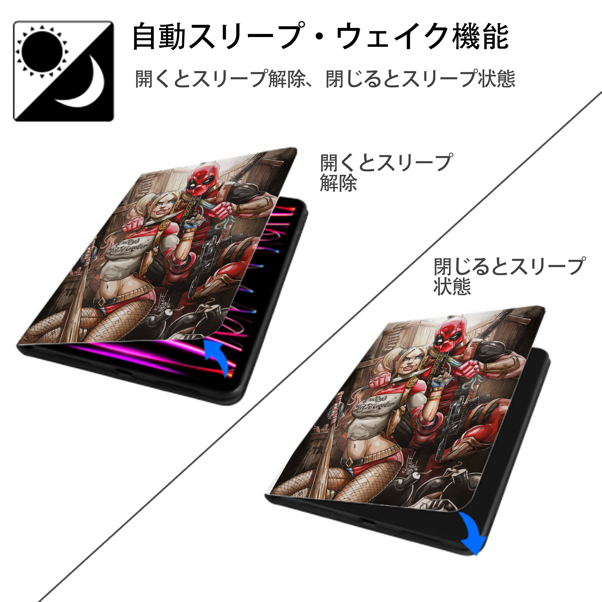 Deadpool デッドプール IPad ケース ペン収納付き 三つ折りスタンド PUレザー×シリコン 対応機種9.5/10.5/10.9インチ