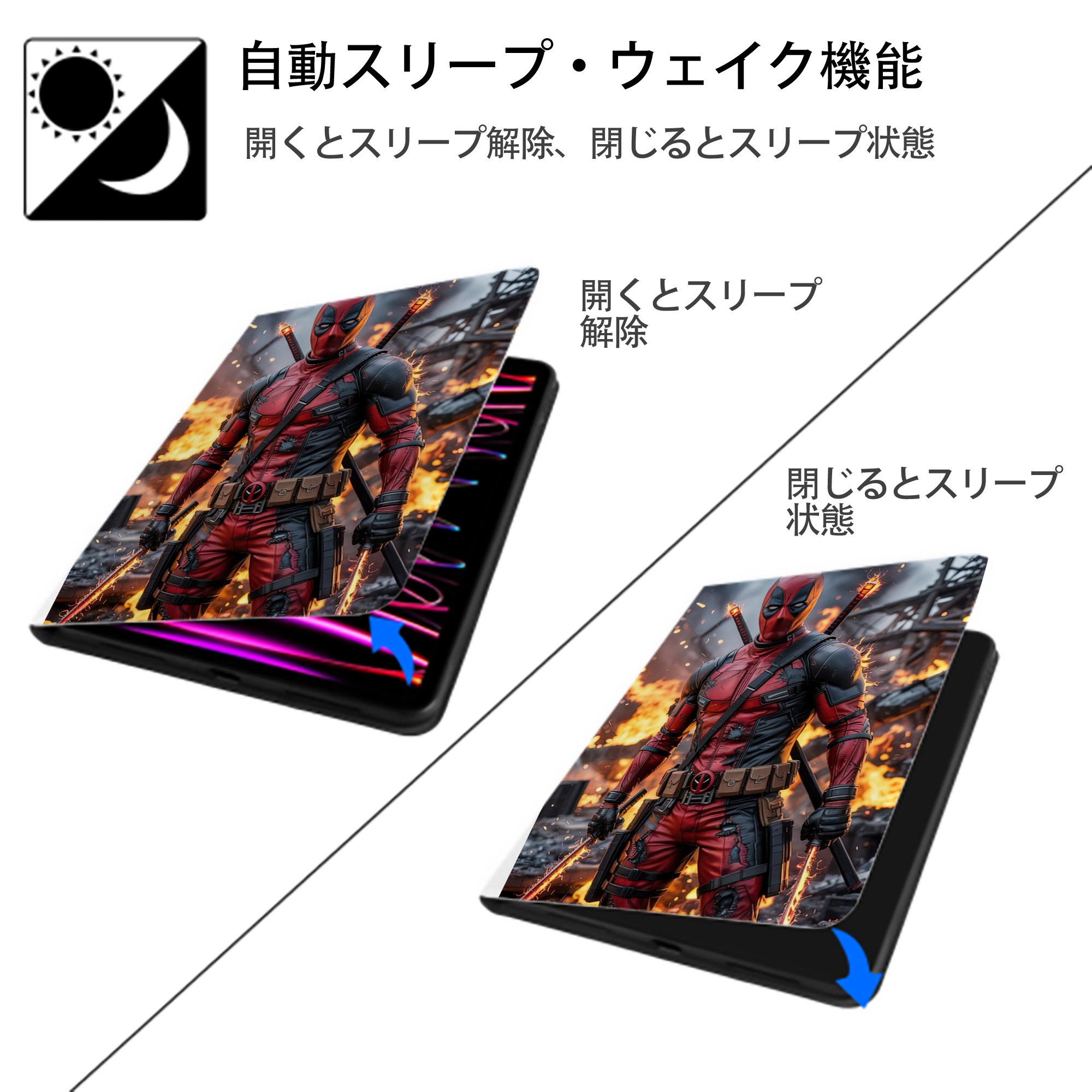 Deadpool デッドプール IPad ケース ペン収納付き 三つ折りスタンド PUレザー×シリコン 対応機種9.5/10.5/10.9インチ