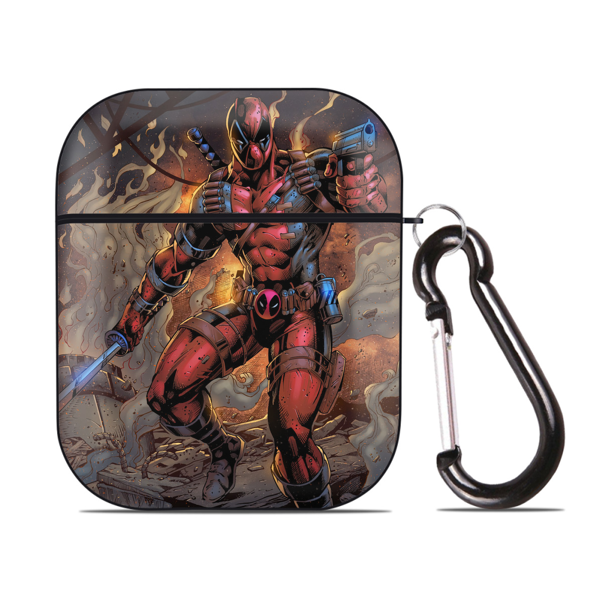 （画像用） Deadpool デッドプール AirPods 第2世代保護ケース ハードシェル ブラック 耐衝撃・防指紋・カラビナ付き