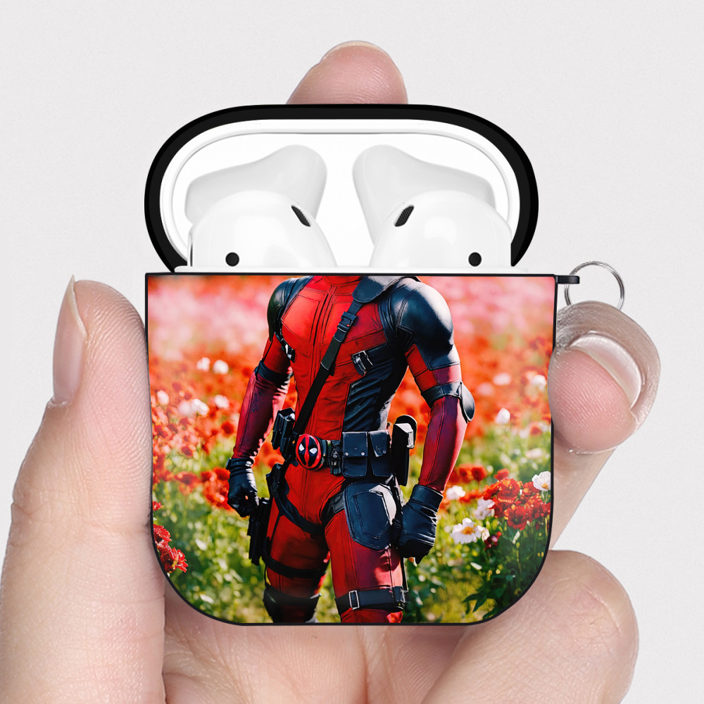 （画像用） Deadpool デッドプール AirPods 第2世代保護ケース ハードシェル ブラック 耐衝撃・防指紋・カラビナ付き
