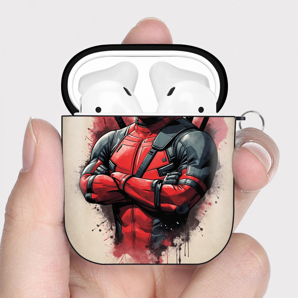 （画像用） Deadpool デッドプール AirPods 第2世代保護ケース ハードシェル ブラック 耐衝撃・防指紋・カラビナ付き