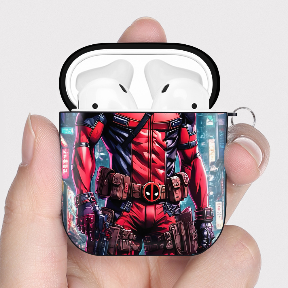 （画像用） Deadpool デッドプール AirPods 第2世代保護ケース ハードシェル ブラック 耐衝撃・防指紋・カラビナ付き