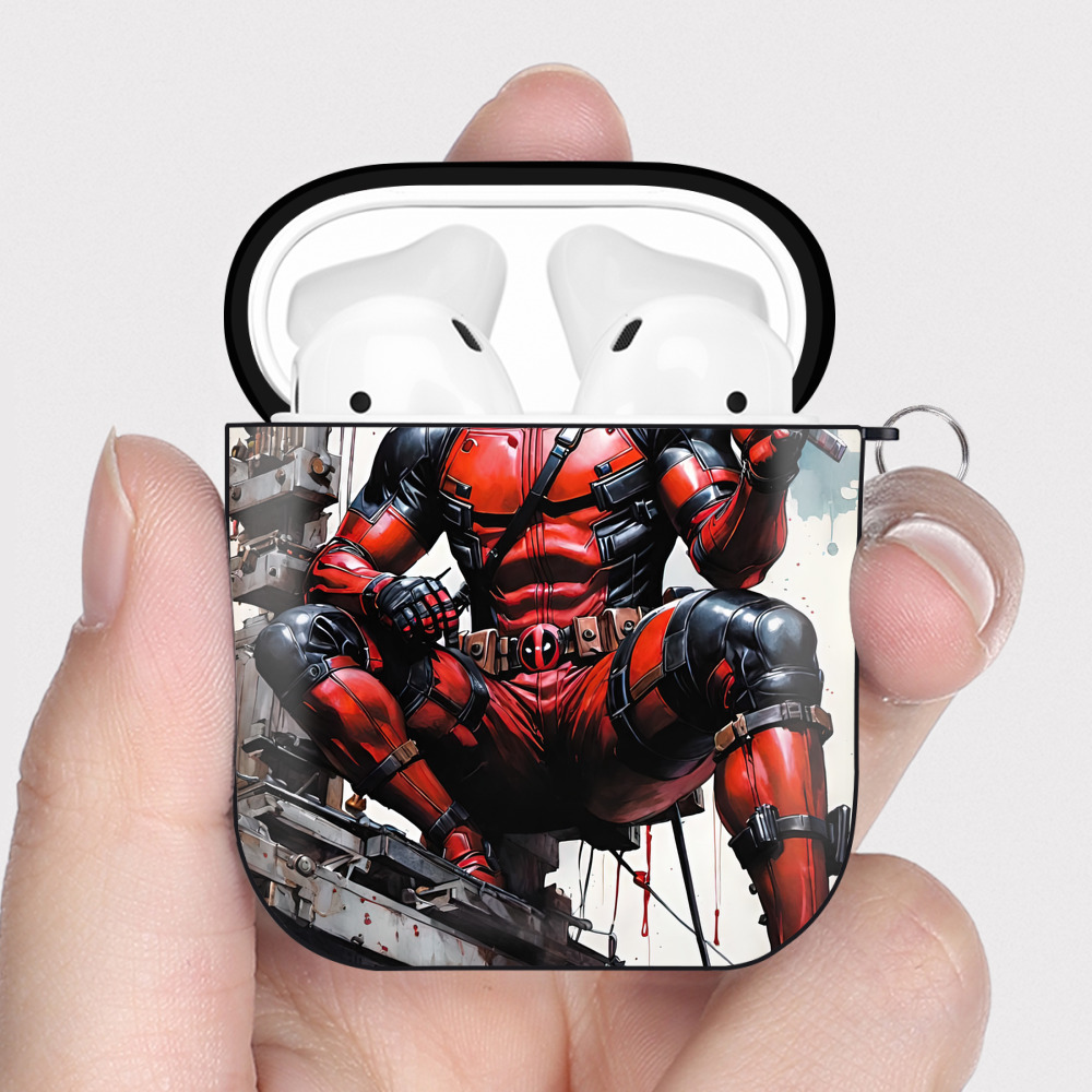 （画像用） Deadpool デッドプール AirPods 第2世代保護ケース ハードシェル ブラック 耐衝撃・防指紋・カラビナ付き