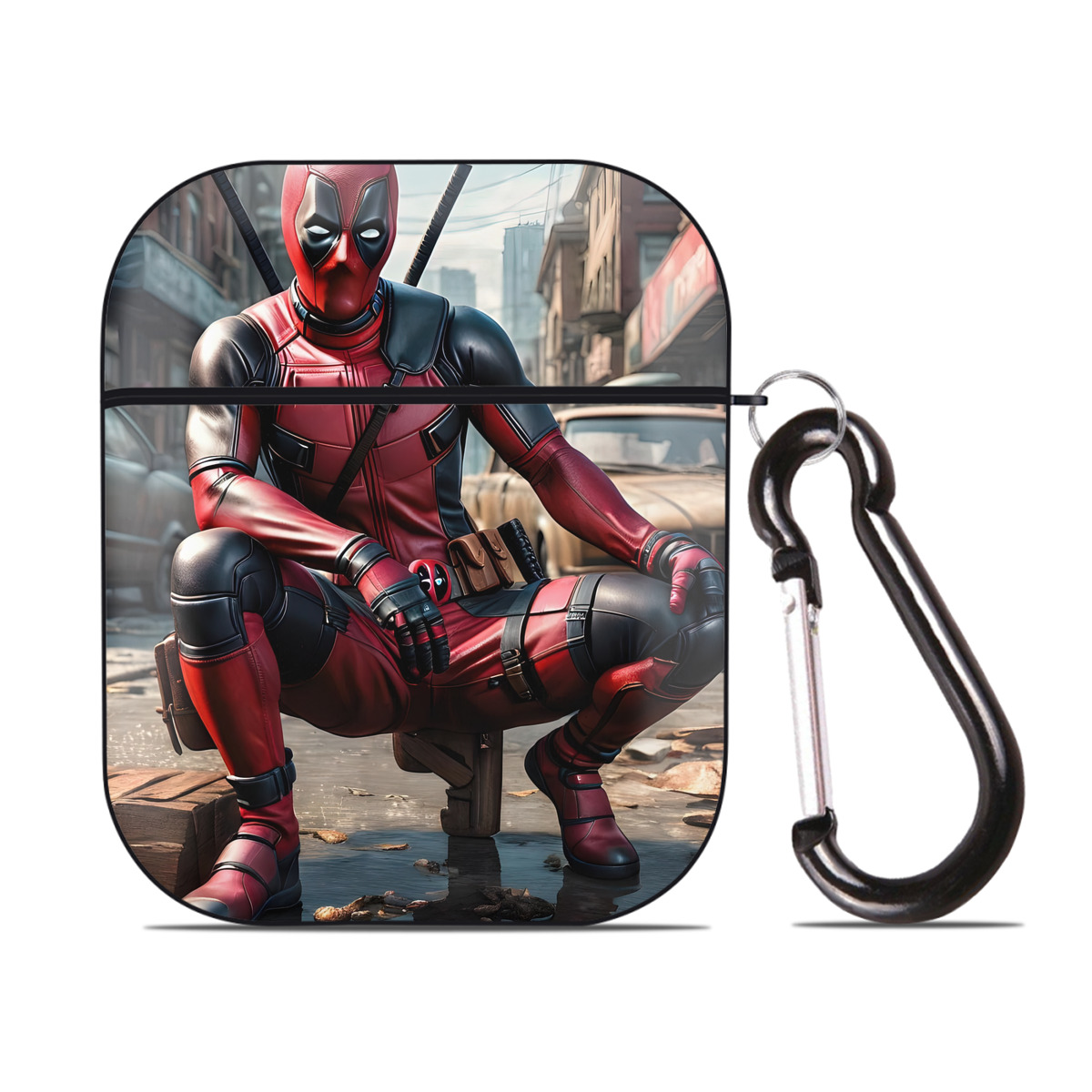 （画像用） Deadpool デッドプール AirPods 第2世代保護ケース ハードシェル ブラック 耐衝撃・防指紋・カラビナ付き