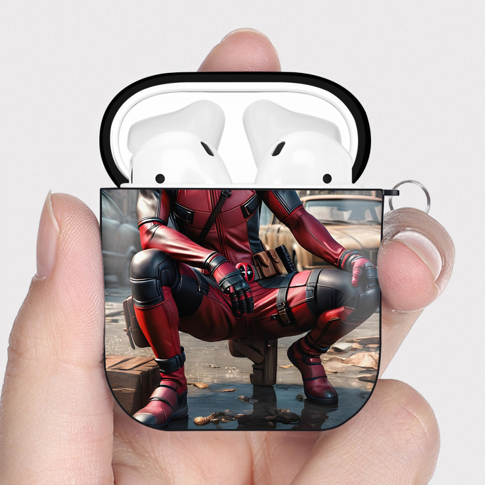 （画像用） Deadpool デッドプール AirPods 第2世代保護ケース ハードシェル ブラック 耐衝撃・防指紋・カラビナ付き