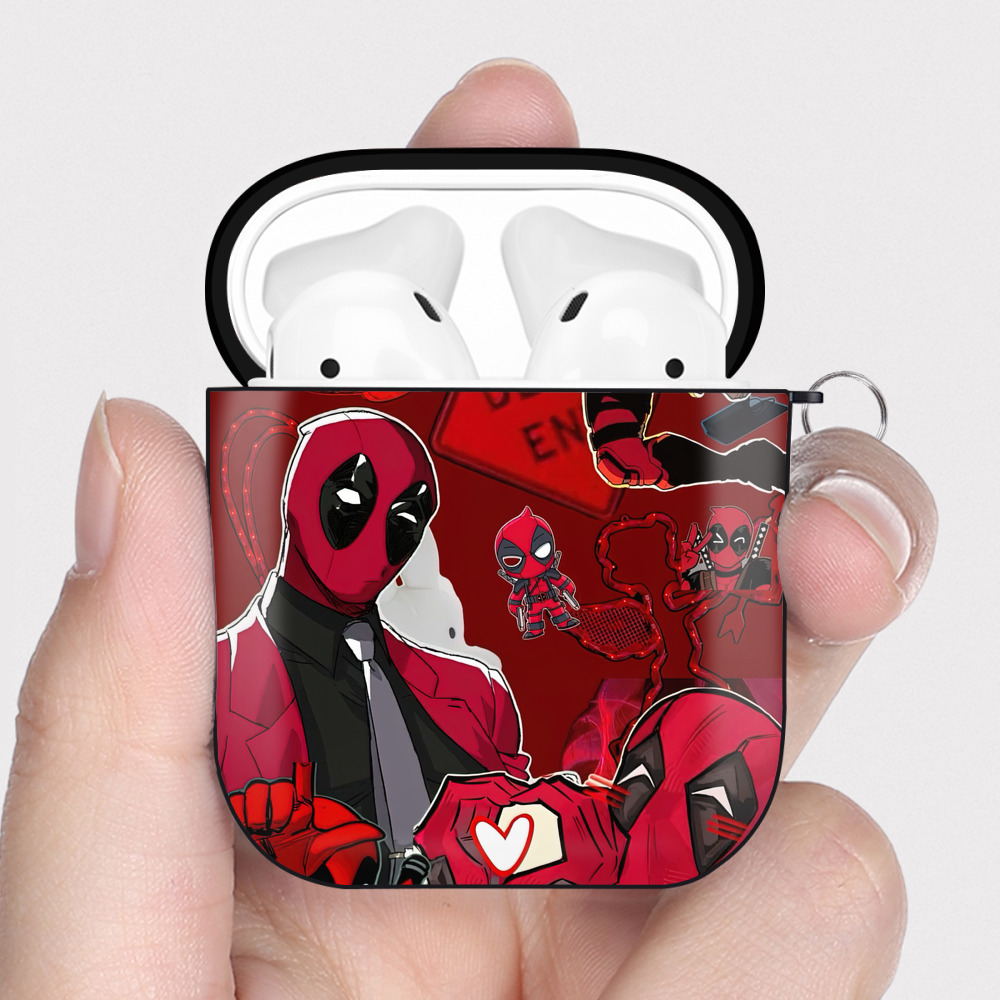 （画像用） Deadpool デッドプール AirPods 第2世代保護ケース ハードシェル ブラック 耐衝撃・防指紋・カラビナ付き