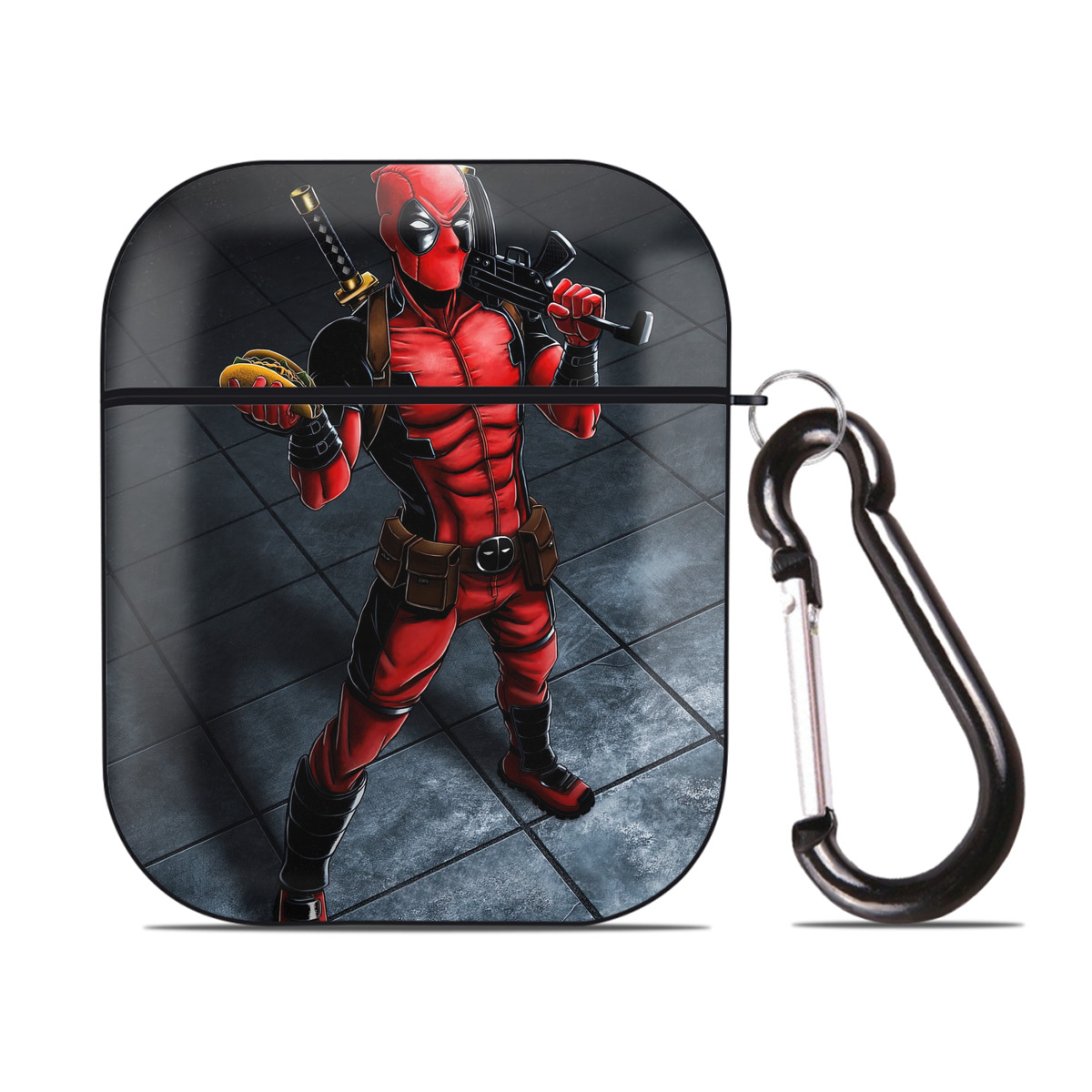 （画像用） Deadpool デッドプール AirPods 第2世代保護ケース ハードシェル ブラック 耐衝撃・防指紋・カラビナ付き