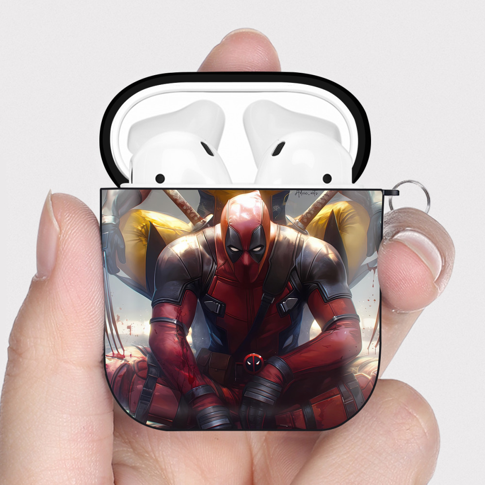 （画像用） Deadpool デッドプール AirPods 第2世代保護ケース ハードシェル ブラック 耐衝撃・防指紋・カラビナ付き
