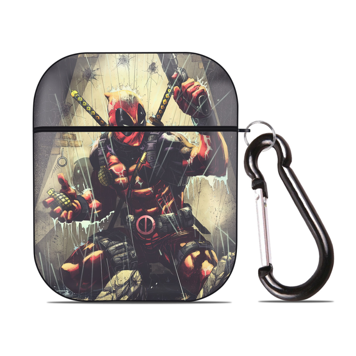 （画像用） Deadpool デッドプール AirPods 第2世代保護ケース ハードシェル ブラック 耐衝撃・防指紋・カラビナ付き