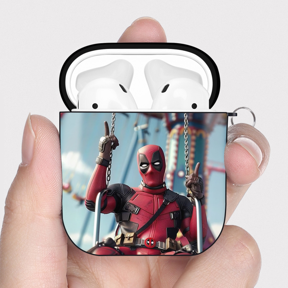 （画像用） Deadpool デッドプール AirPods 第2世代保護ケース ハードシェル ブラック 耐衝撃・防指紋・カラビナ付き