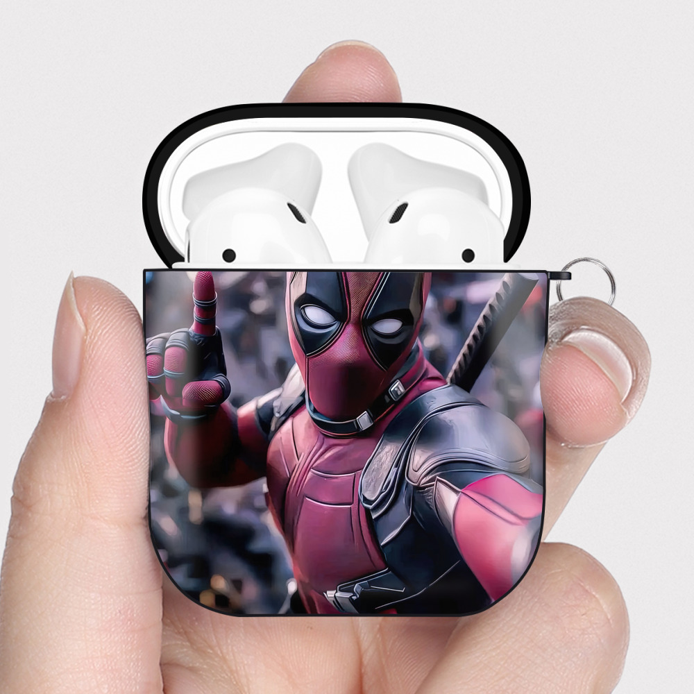（画像用） Deadpool デッドプール AirPods 第2世代保護ケース ハードシェル ブラック 耐衝撃・防指紋・カラビナ付き