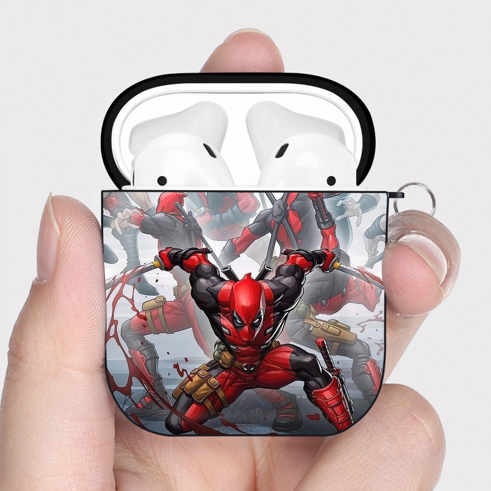 （画像用） Deadpool デッドプール AirPods 第2世代保護ケース ハードシェル ブラック 耐衝撃・防指紋・カラビナ付き