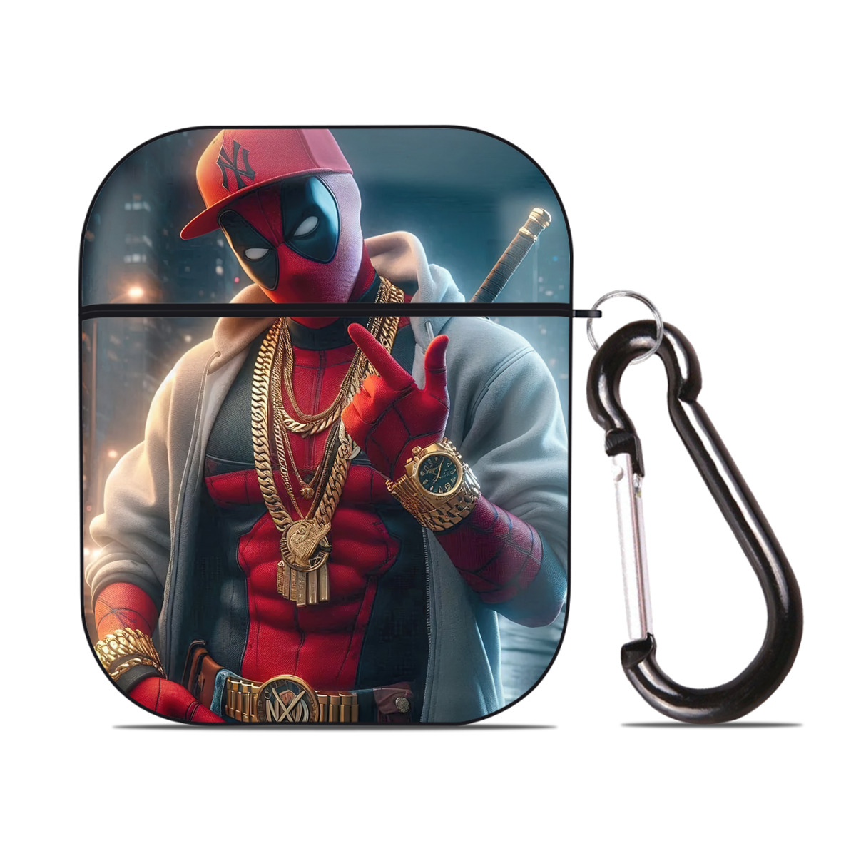 （画像用） Deadpool デッドプール AirPods 第2世代保護ケース ハードシェル ブラック 耐衝撃・防指紋・カラビナ付き