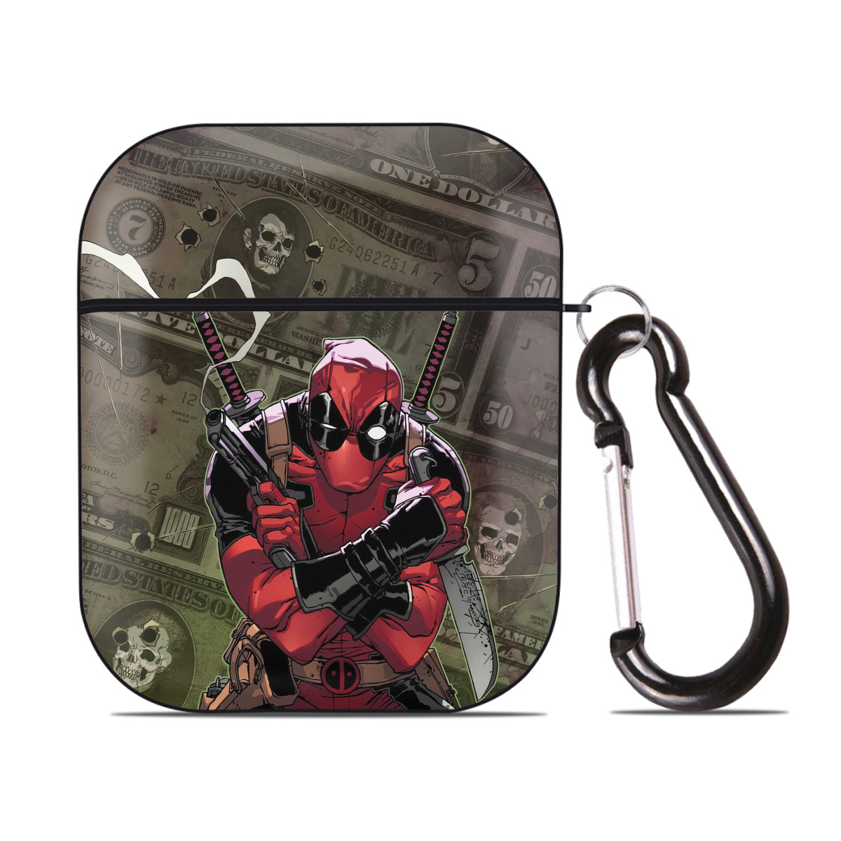 （画像用） Deadpool デッドプール AirPods 第2世代保護ケース ハードシェル ブラック 耐衝撃・防指紋・カラビナ付き