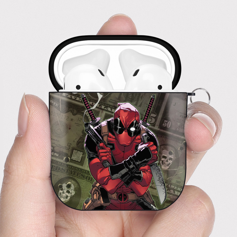 （画像用） Deadpool デッドプール AirPods 第2世代保護ケース ハードシェル ブラック 耐衝撃・防指紋・カラビナ付き