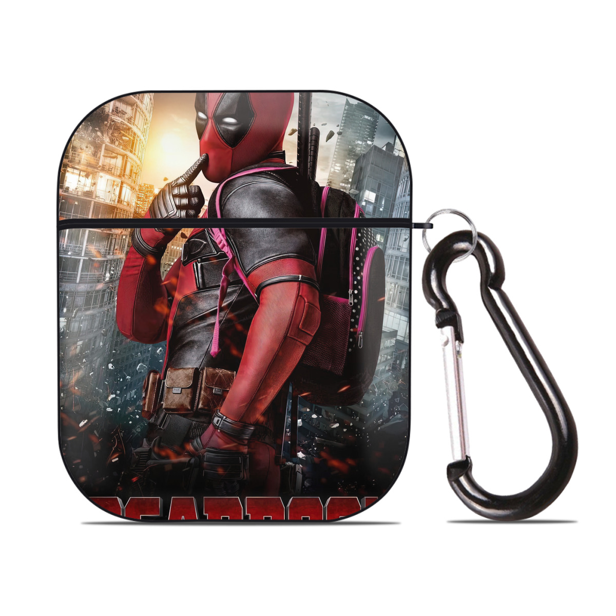 （画像用） Deadpool デッドプール AirPods 第2世代保護ケース ハードシェル ブラック 耐衝撃・防指紋・カラビナ付き