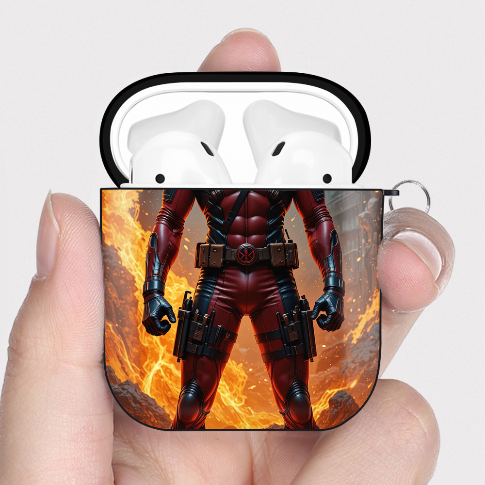 （画像用） Deadpool デッドプール AirPods 第2世代保護ケース ハードシェル ブラック 耐衝撃・防指紋・カラビナ付き