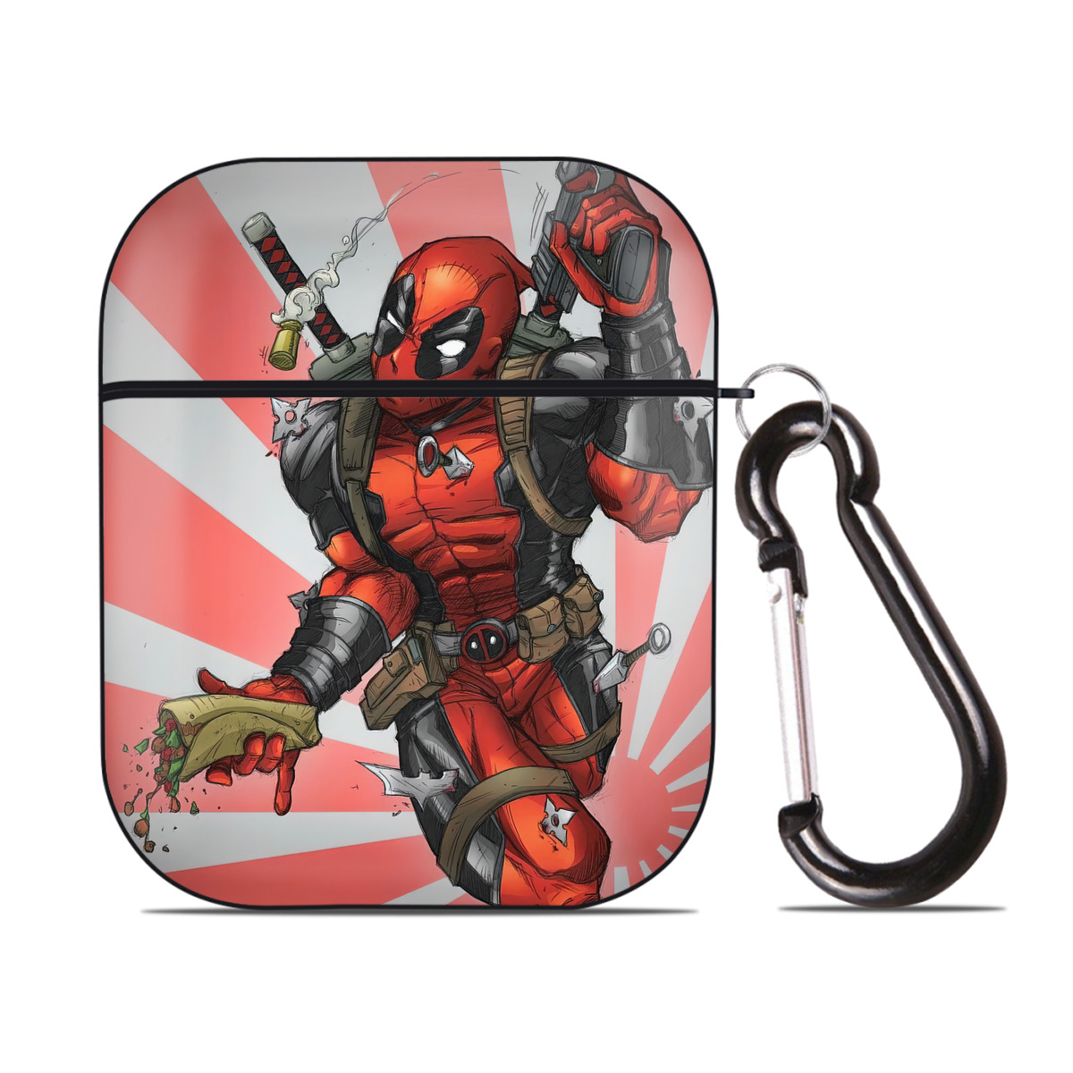 （画像用） Deadpool デッドプール AirPods 第2世代保護ケース ハードシェル ブラック 耐衝撃・防指紋・カラビナ付き