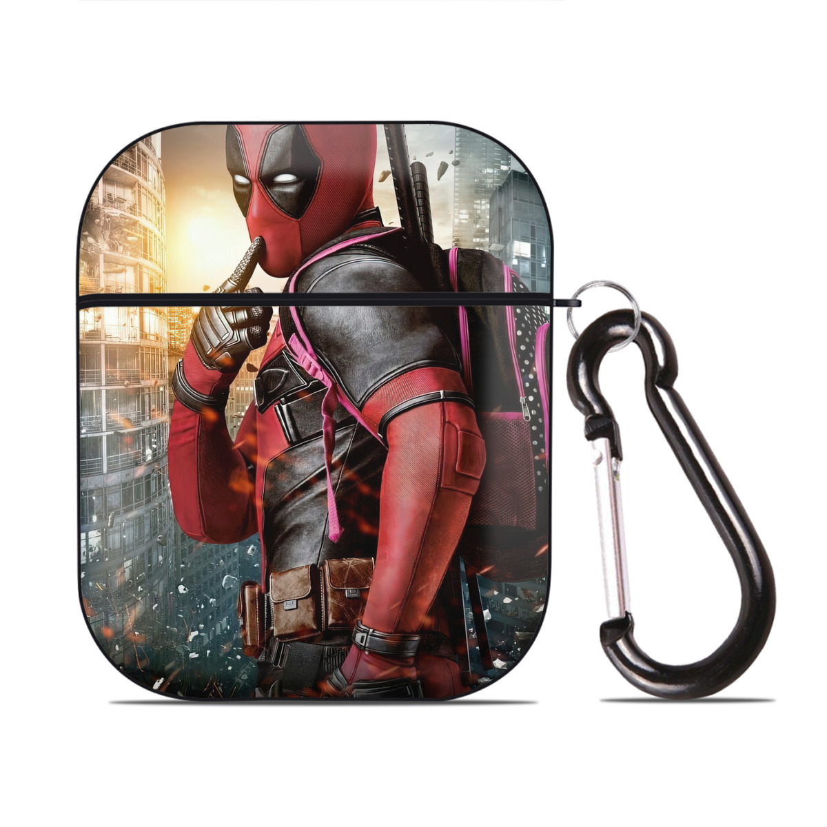 （画像用） Deadpool デッドプール AirPods 第2世代保護ケース ハードシェル ブラック 耐衝撃・防指紋・カラビナ付き
