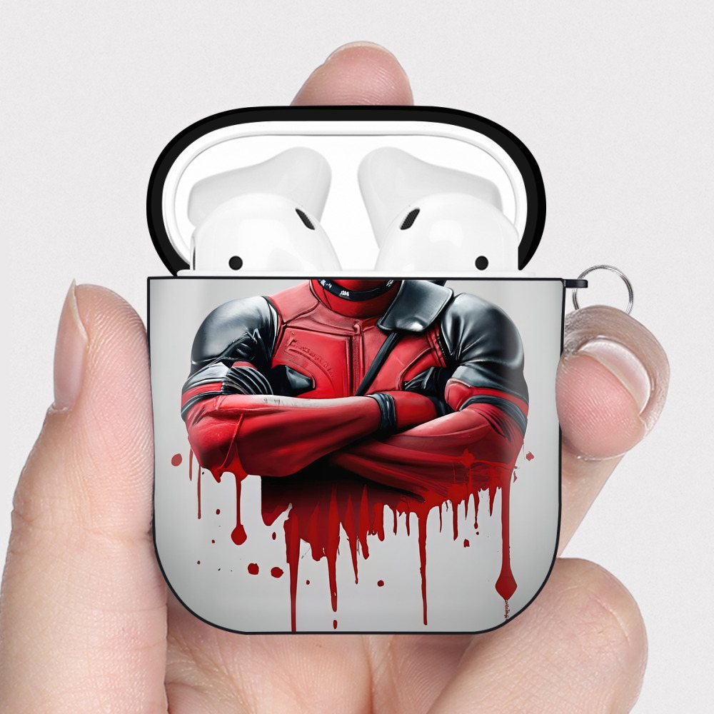 （画像用） Deadpool デッドプール AirPods 第2世代保護ケース ハードシェル ブラック 耐衝撃・防指紋・カラビナ付き