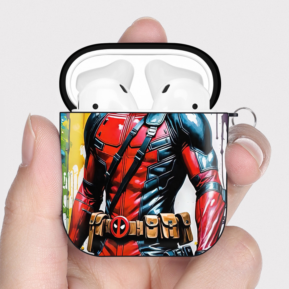 （画像用） Deadpool デッドプール AirPods 第2世代保護ケース ハードシェル ブラック 耐衝撃・防指紋・カラビナ付き