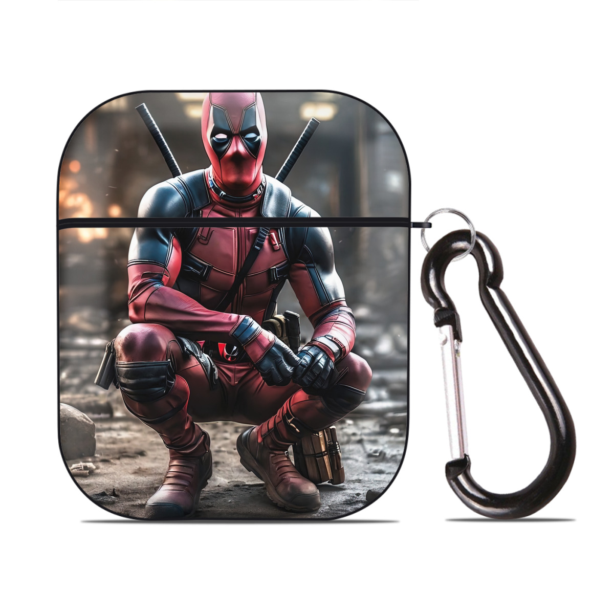 （画像用） Deadpool デッドプール AirPods 第2世代保護ケース ハードシェル ブラック 耐衝撃・防指紋・カラビナ付き