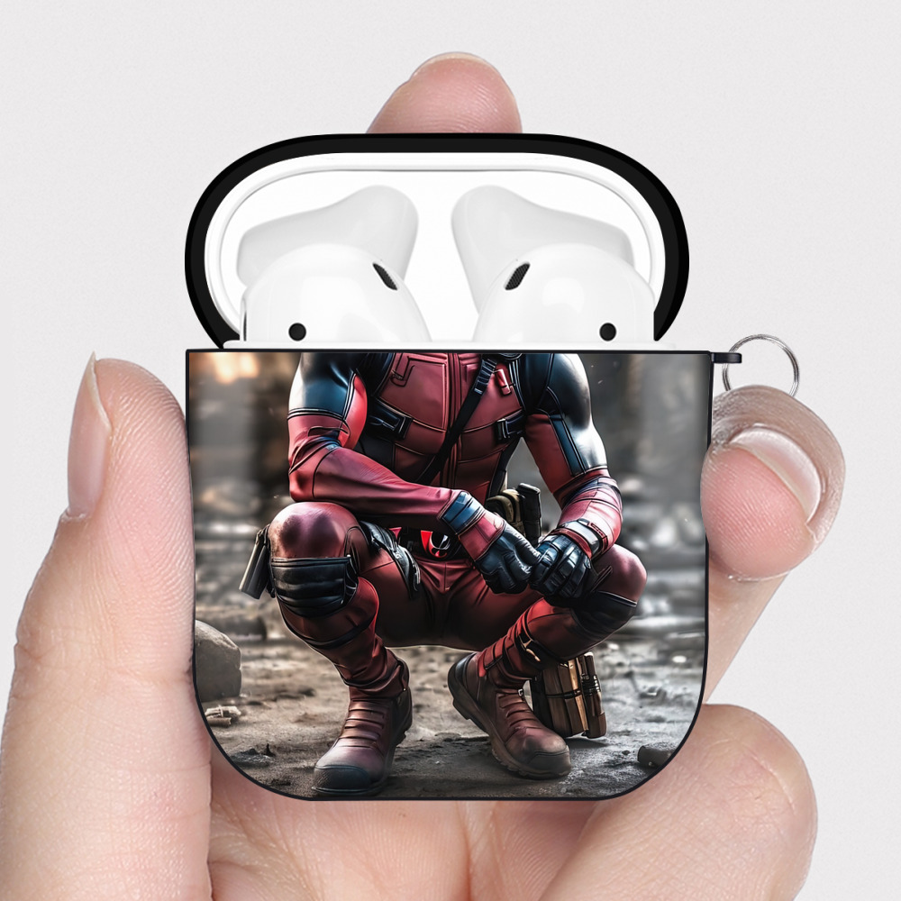 （画像用） Deadpool デッドプール AirPods 第2世代保護ケース ハードシェル ブラック 耐衝撃・防指紋・カラビナ付き