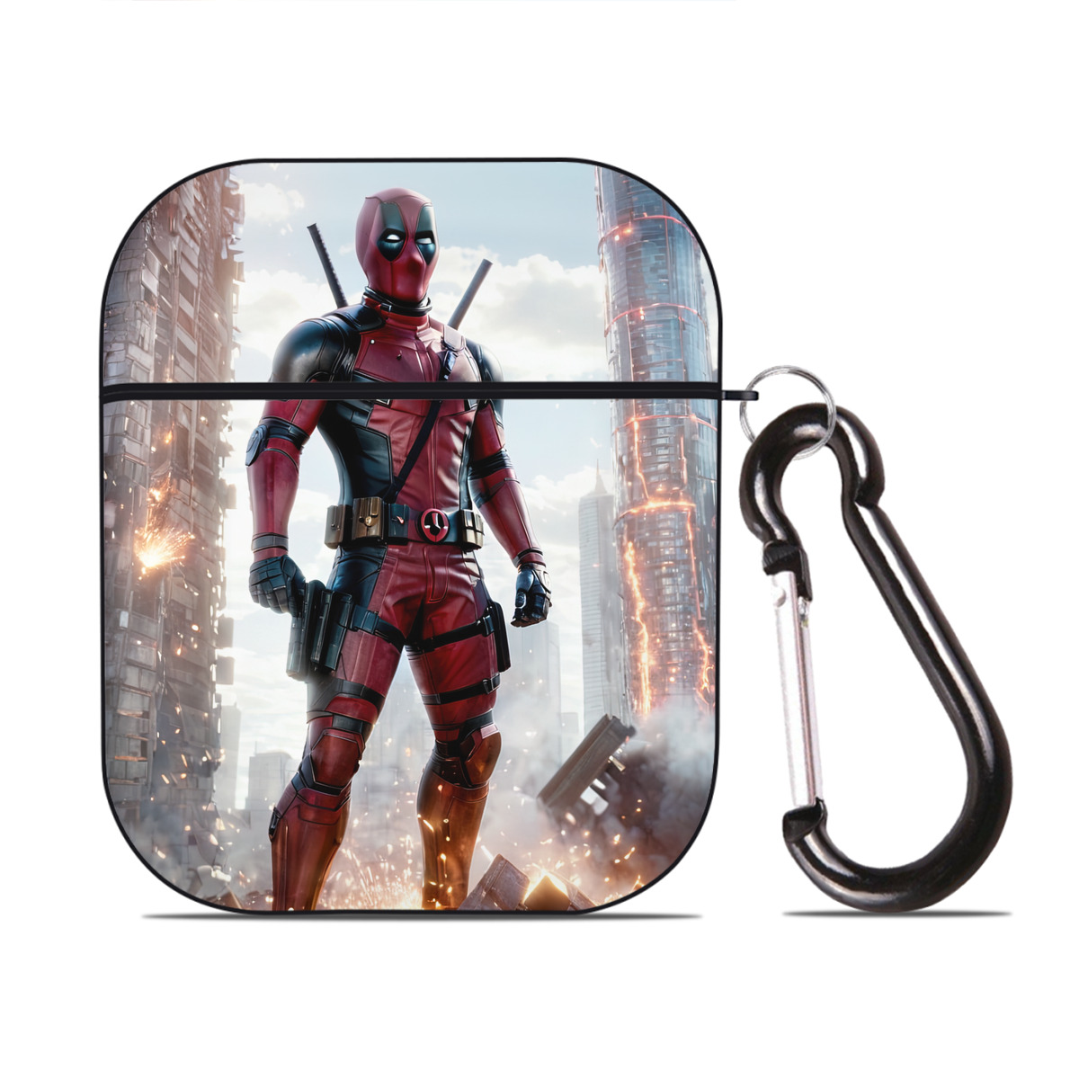 （画像用） Deadpool デッドプール AirPods 第2世代保護ケース ハードシェル ブラック 耐衝撃・防指紋・カラビナ付き