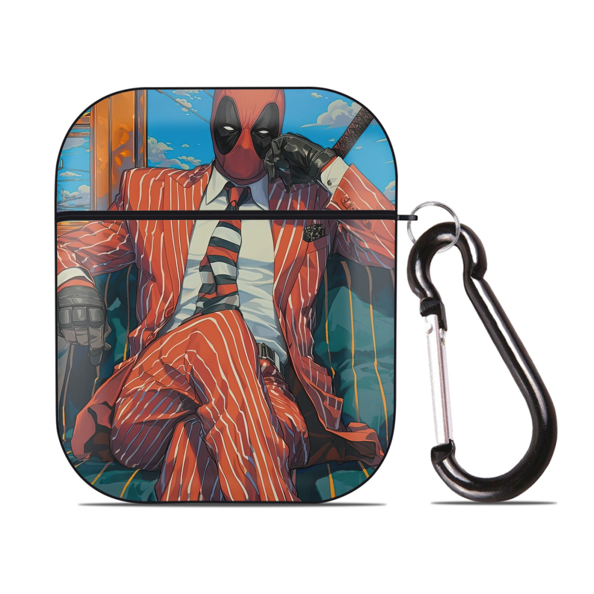 （画像用） Deadpool デッドプール AirPods 第2世代保護ケース ハードシェル ブラック 耐衝撃・防指紋・カラビナ付き