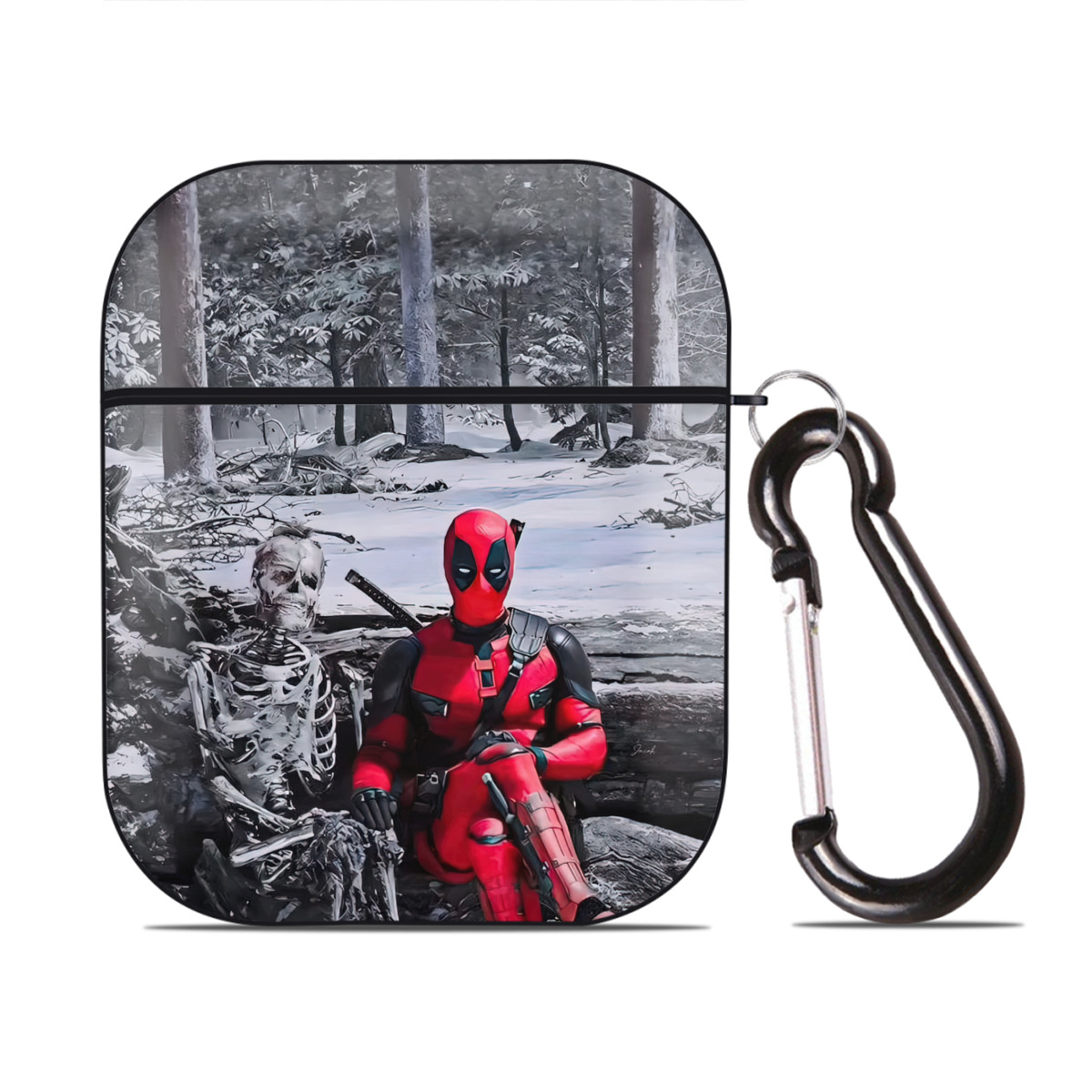 （画像用） Deadpool デッドプール AirPods 第2世代保護ケース ハードシェル ブラック 耐衝撃・防指紋・カラビナ付き