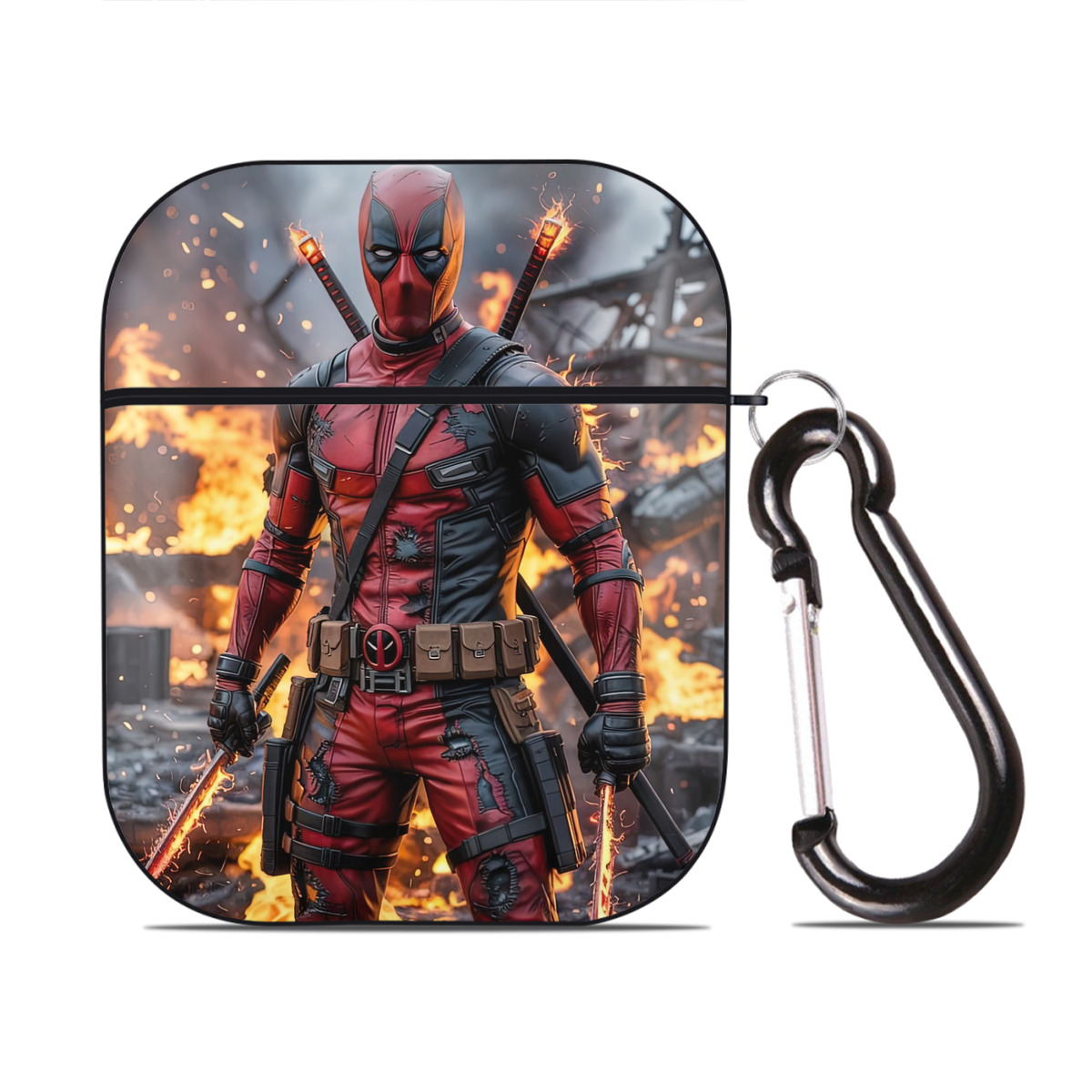 （画像用） Deadpool デッドプール AirPods 第2世代保護ケース ハードシェル ブラック 耐衝撃・防指紋・カラビナ付き