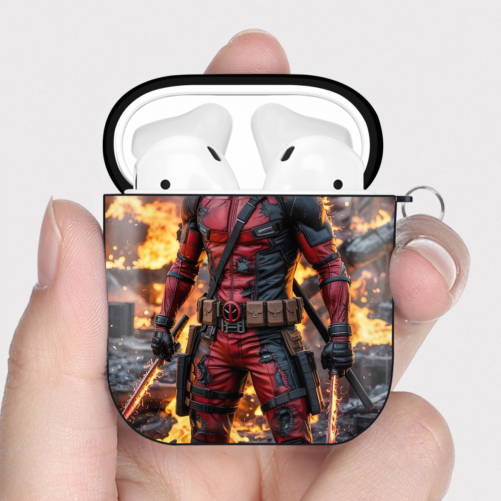 （画像用） Deadpool デッドプール AirPods 第2世代保護ケース ハードシェル ブラック 耐衝撃・防指紋・カラビナ付き