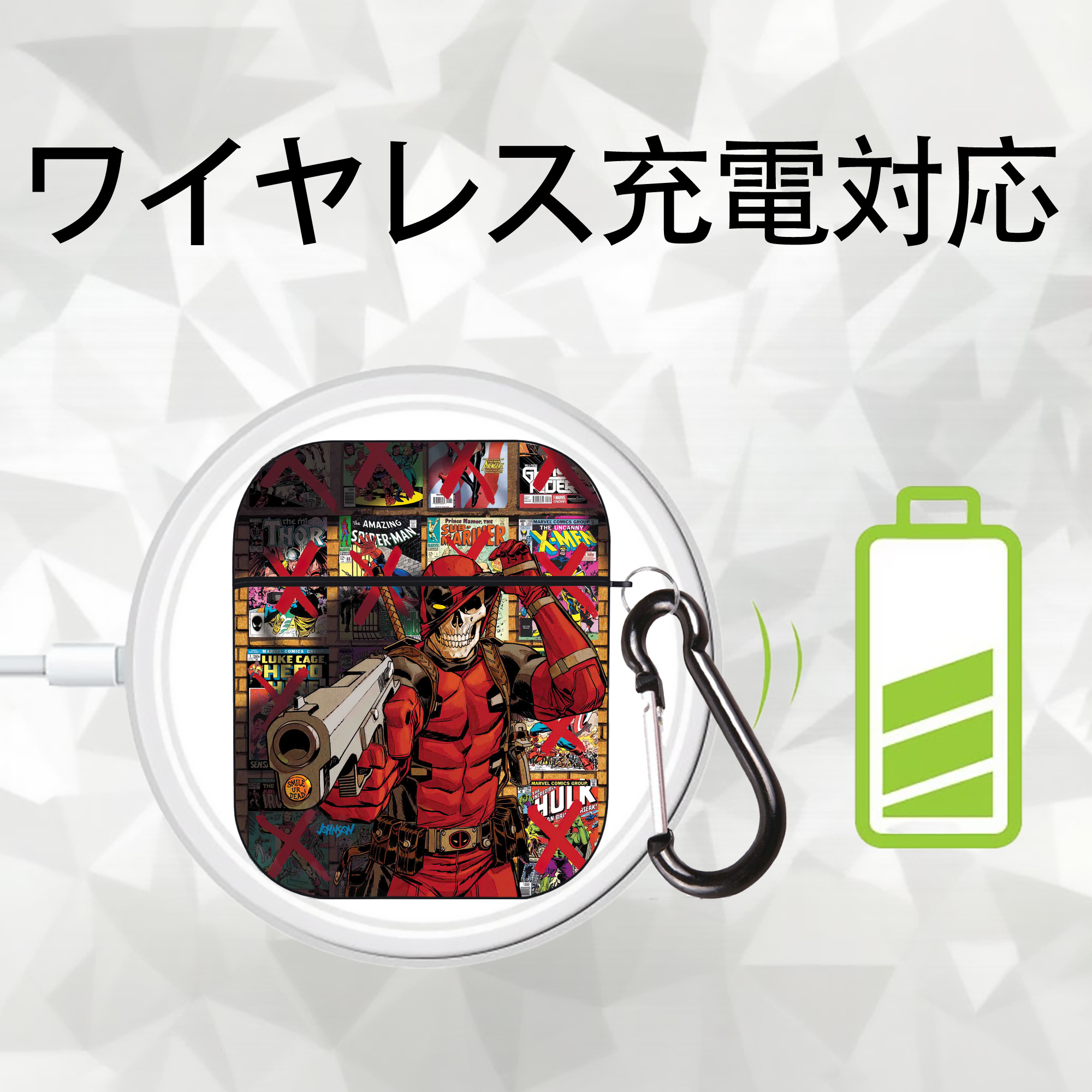 Deadpool デッドプール AirPods 第2世代保護ケース ハードシェル ブラック 耐衝撃・防指紋・カラビナ付き