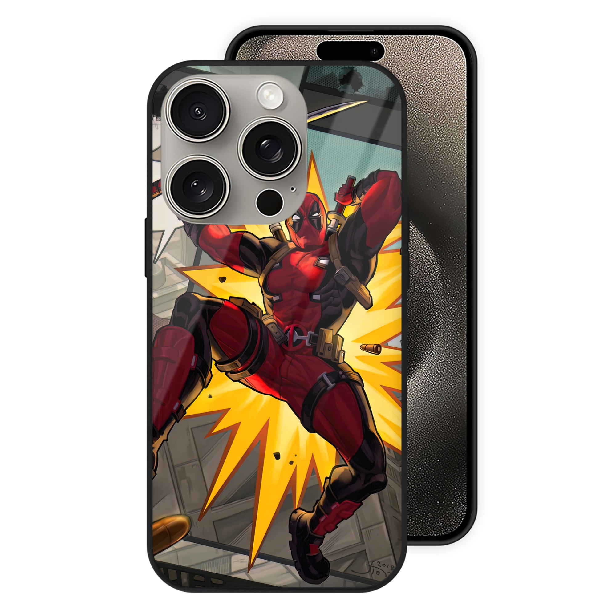 （画像用） Deadpool デッドプール 【iPhone15Pro対応】スマホケース 耐衝撃＆黄変防止 背面ガラス