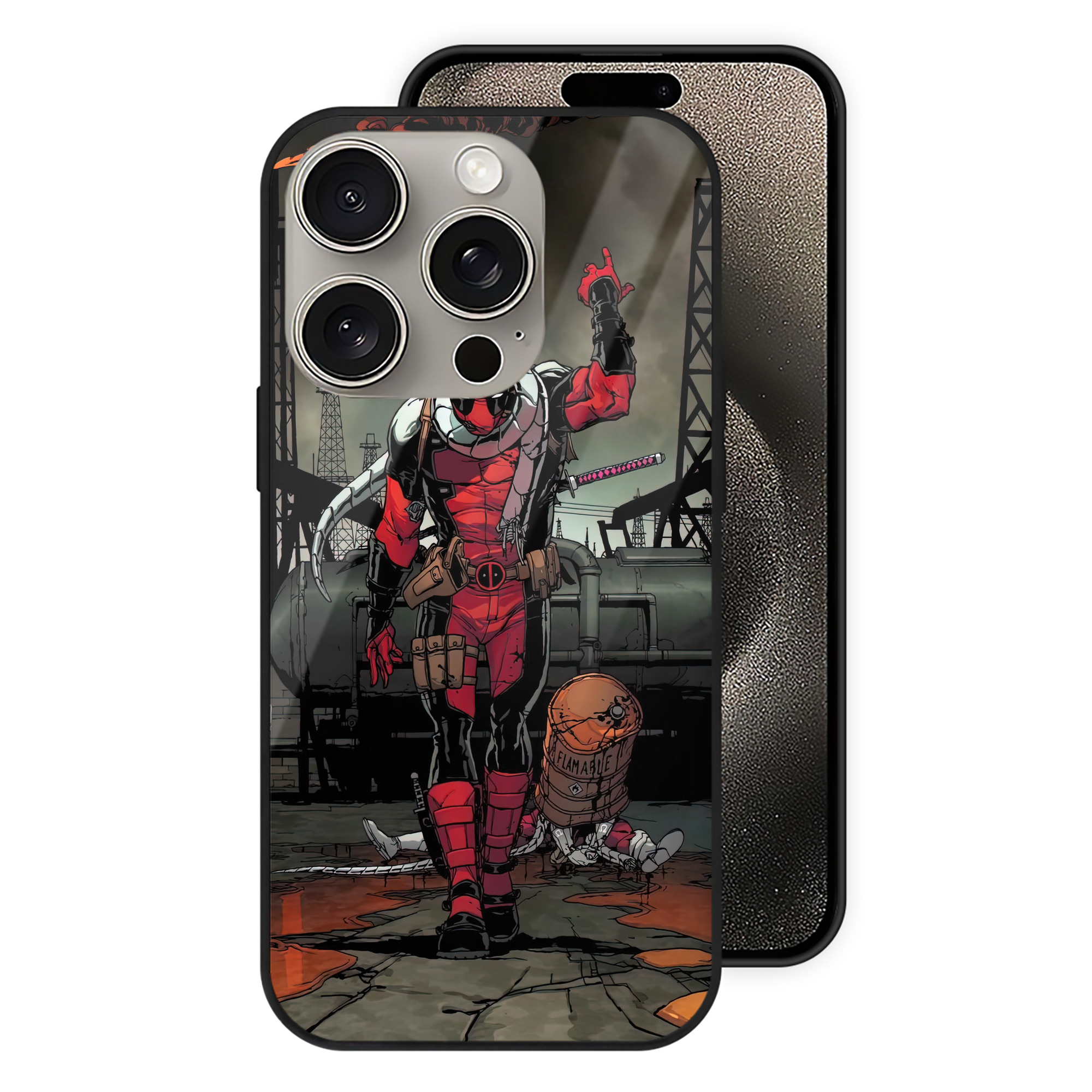 （画像用） Deadpool デッドプール 【iPhone15Pro対応】スマホケース 耐衝撃＆黄変防止 背面ガラス
