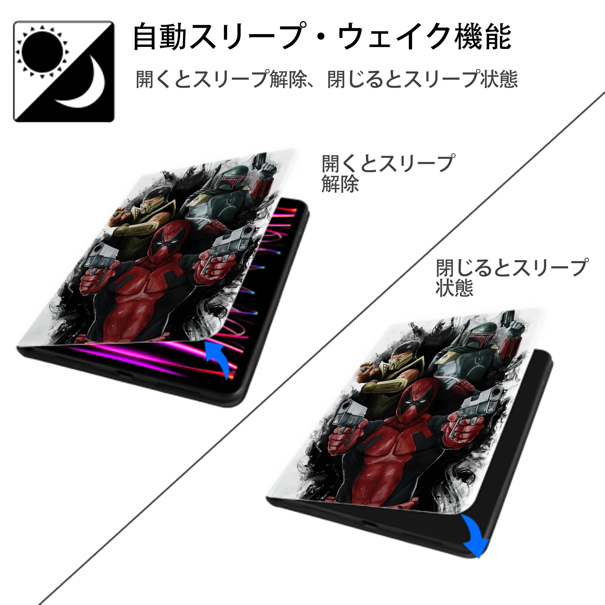 Deadpool デッドプール IPad ケース ペン収納付き 三つ折りスタンド PUレザー×シリコン 対応機種9.5/10.5/10.9インチ