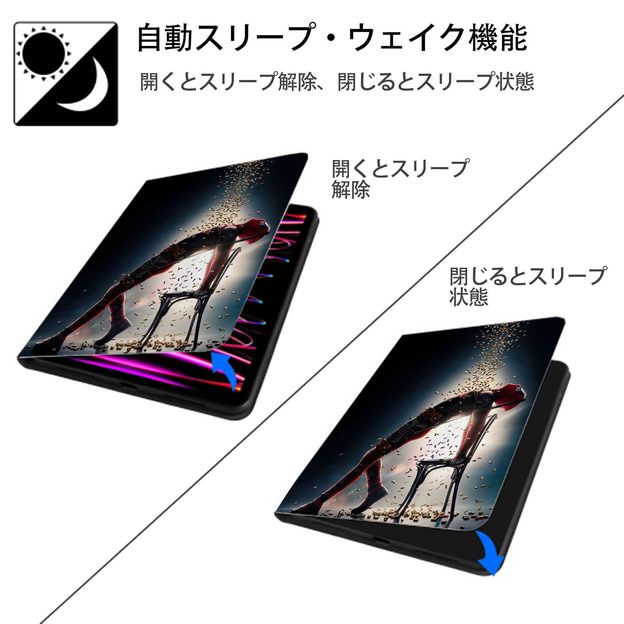 Deadpool デッドプール IPad ケース ペン収納付き 三つ折りスタンド PUレザー×シリコン 対応機種9.5/10.5/10.9インチ
