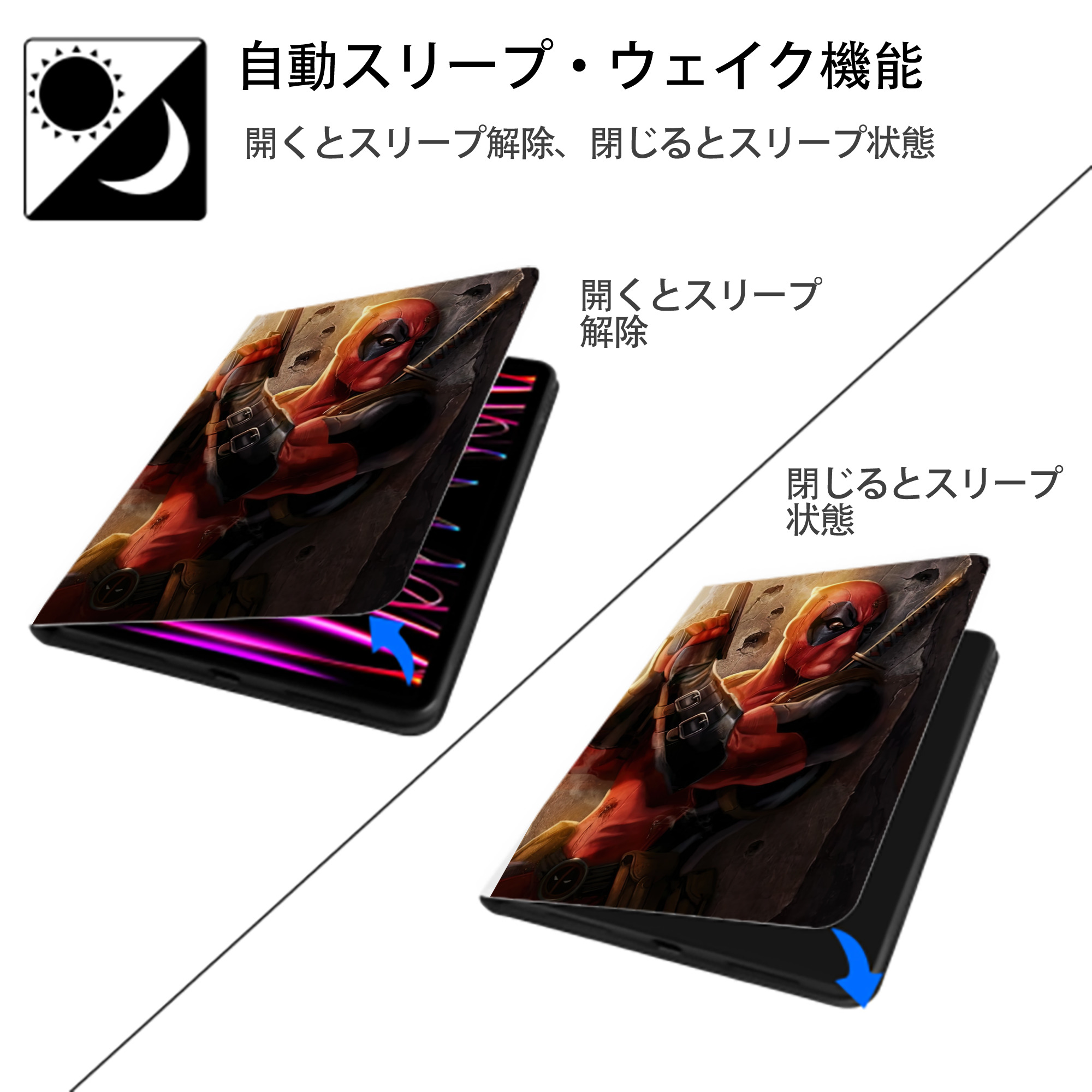 Deadpool デッドプール IPad ケース ペン収納付き 三つ折りスタンド PUレザー×シリコン 対応機種9.5/10.5/10.9インチ
