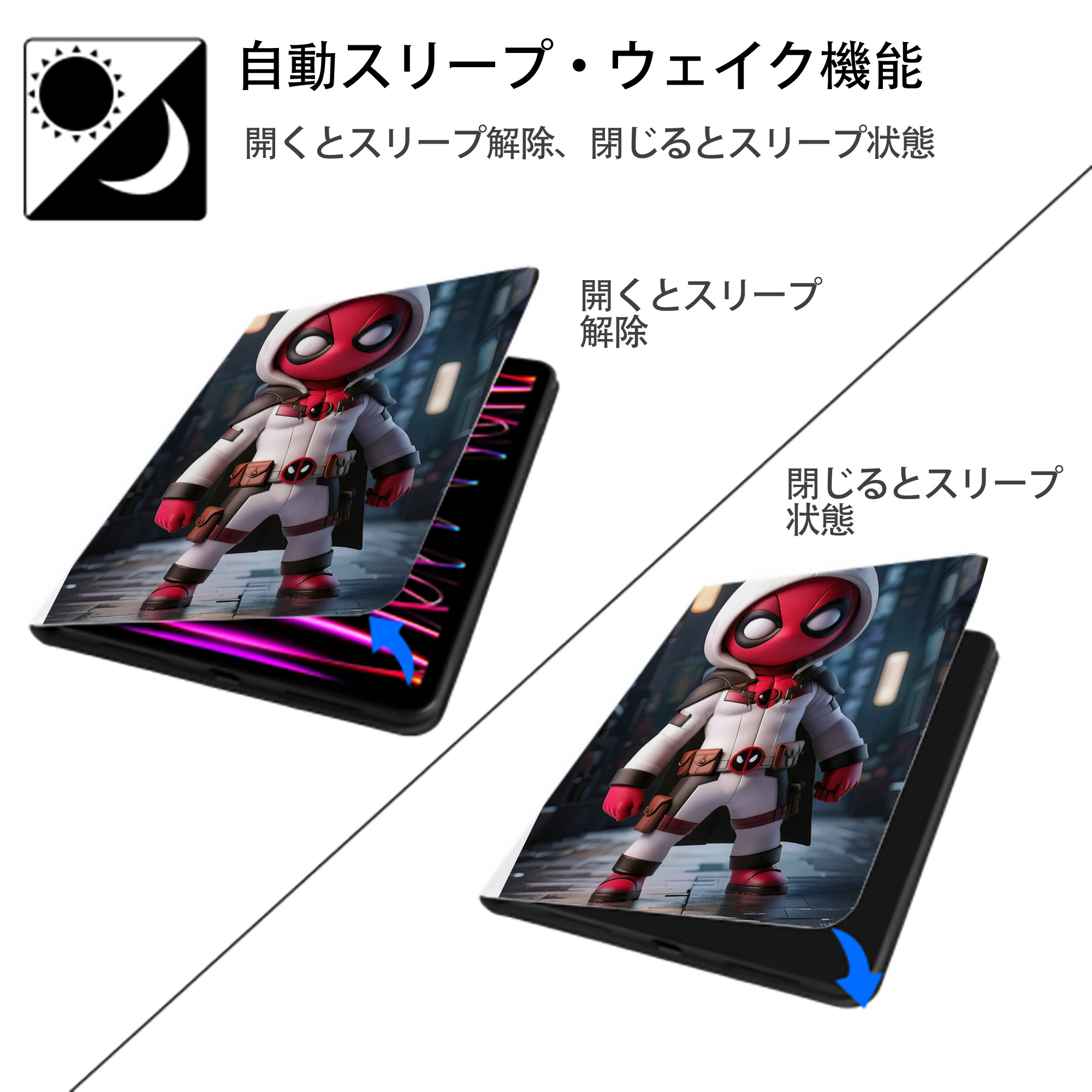 Deadpool デッドプール IPad ケース ペン収納付き 三つ折りスタンド PUレザー×シリコン 対応機種9.5/10.5/10.9インチ