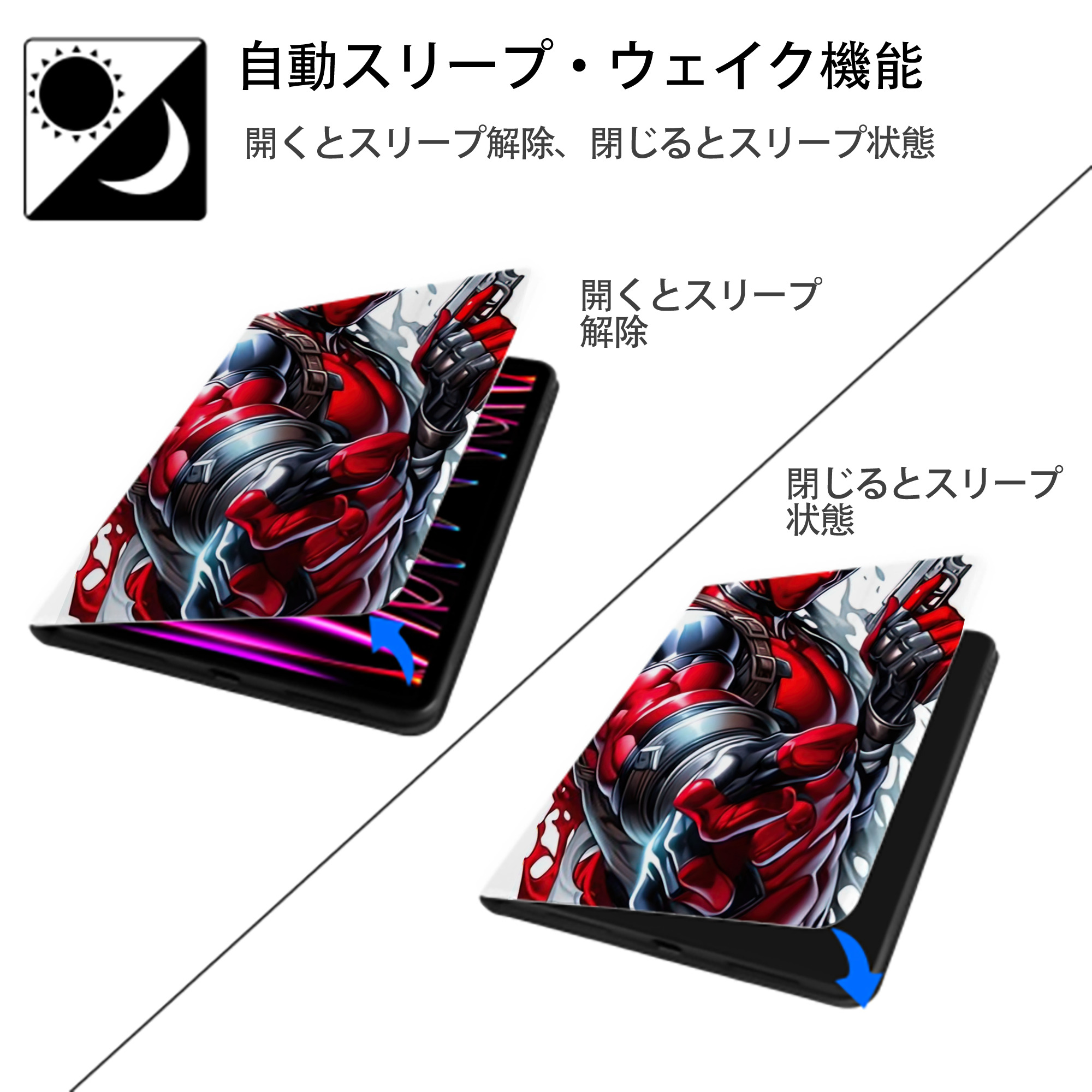 Deadpool デッドプール IPad ケース ペン収納付き 三つ折りスタンド PUレザー×シリコン 対応機種9.5/10.5/10.9インチ