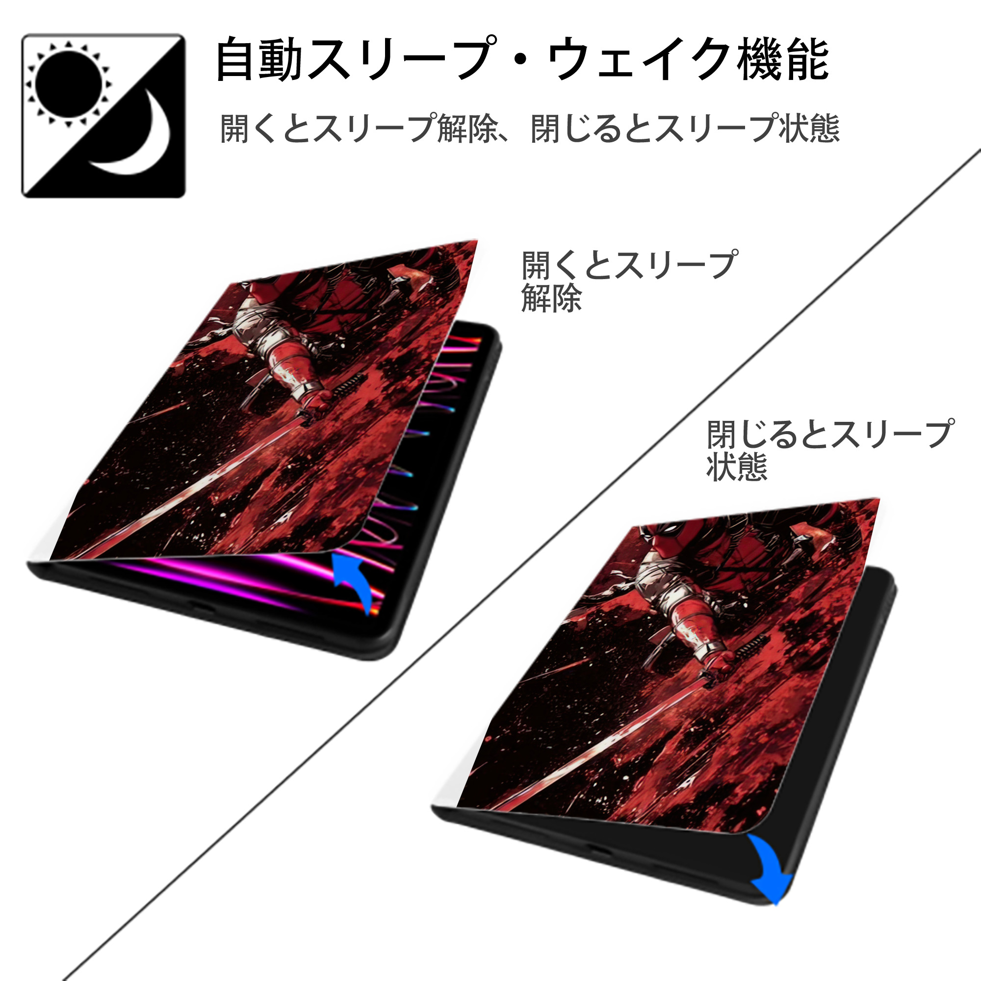 Deadpool デッドプール IPad ケース ペン収納付き 三つ折りスタンド PUレザー×シリコン 対応機種9.5/10.5/10.9インチ