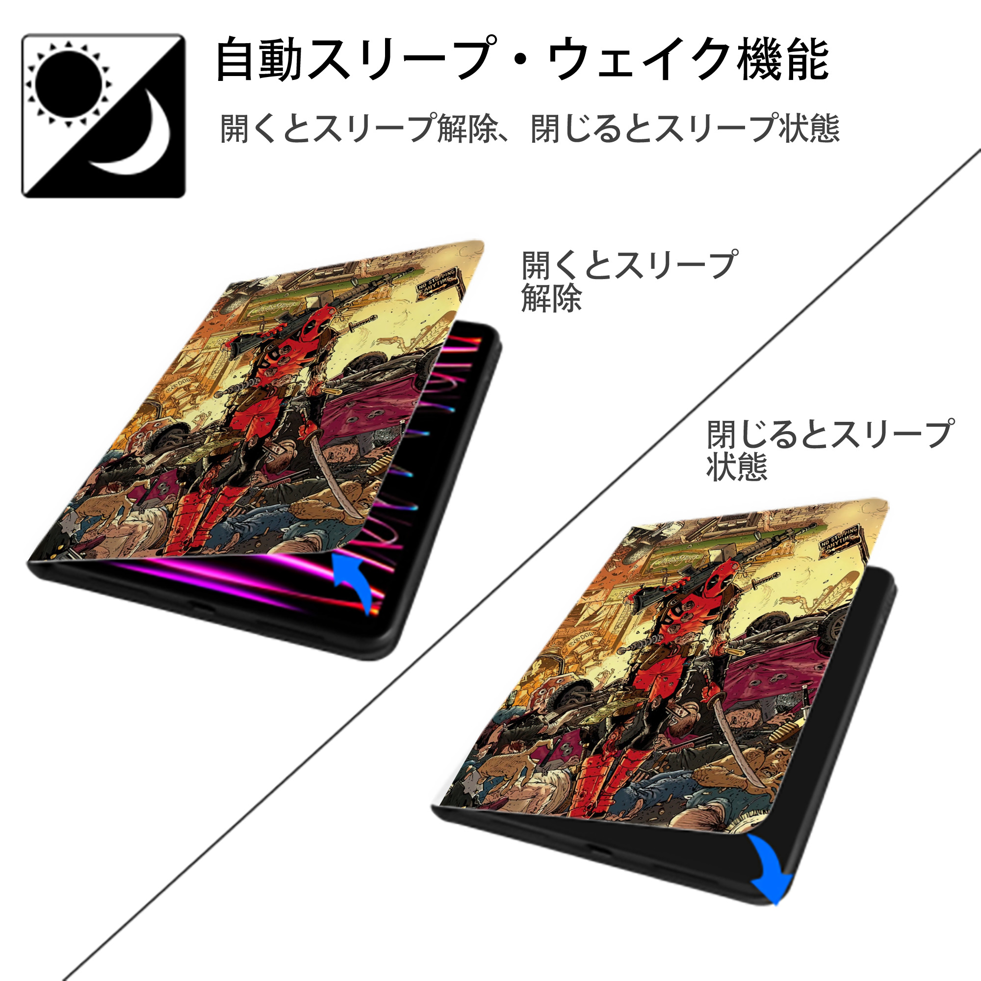 Deadpool デッドプール IPad ケース ペン収納付き 三つ折りスタンド PUレザー×シリコン 対応機種9.5/10.5/10.9インチ
