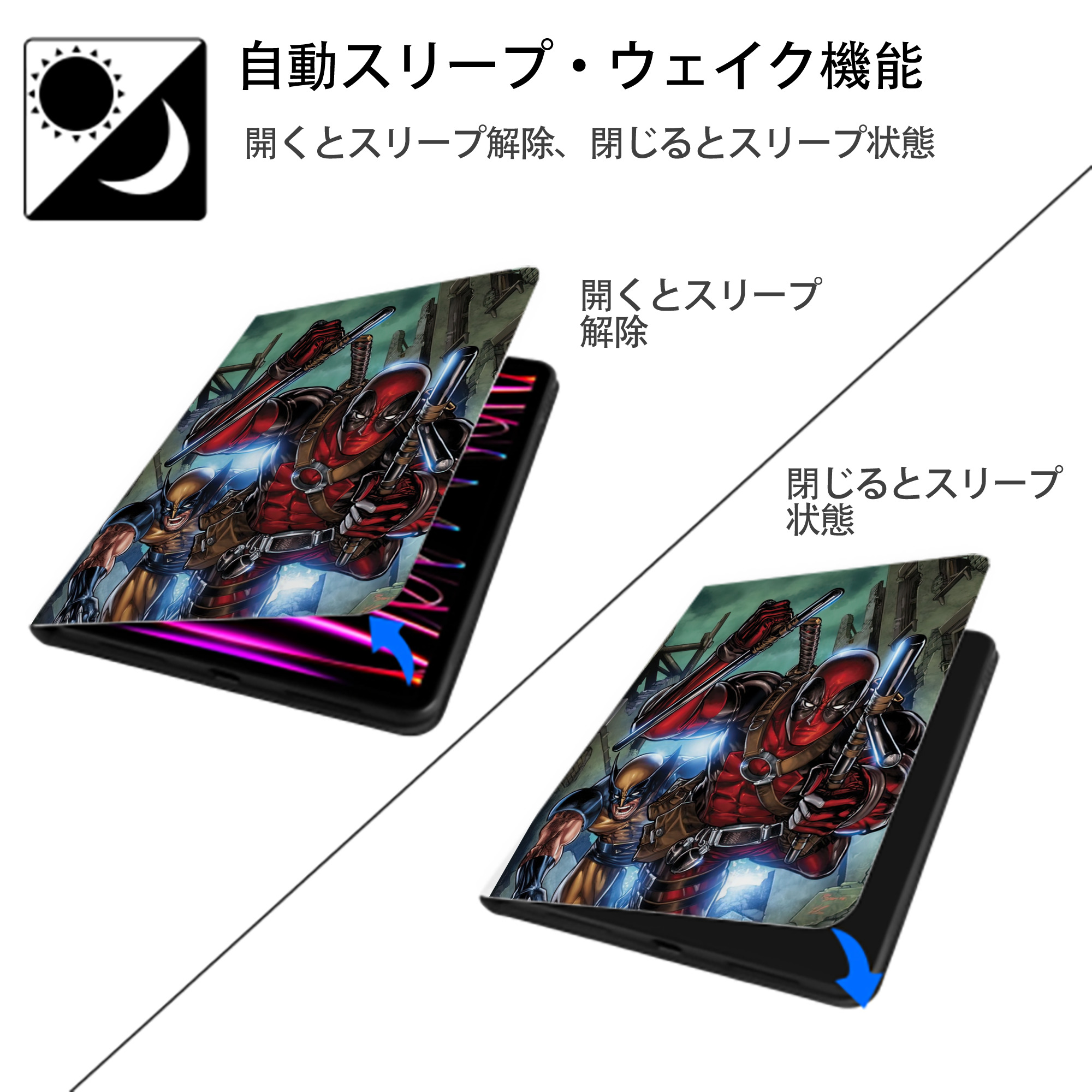 Deadpool デッドプール IPad ケース ペン収納付き 三つ折りスタンド PUレザー×シリコン 対応機種9.5/10.5/10.9インチ