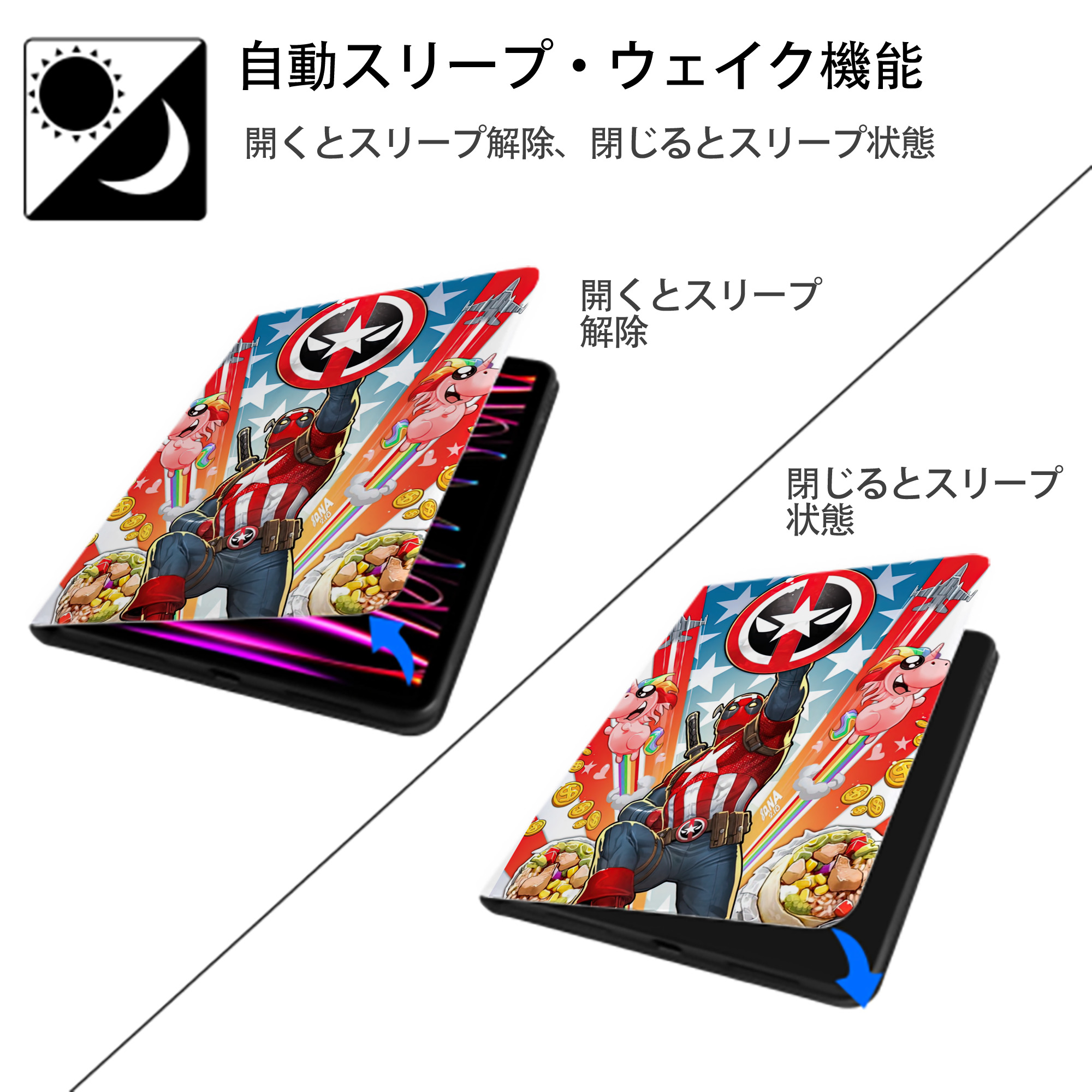 Deadpool デッドプール IPad ケース ペン収納付き 三つ折りスタンド PUレザー×シリコン 対応機種9.5/10.5/10.9インチ
