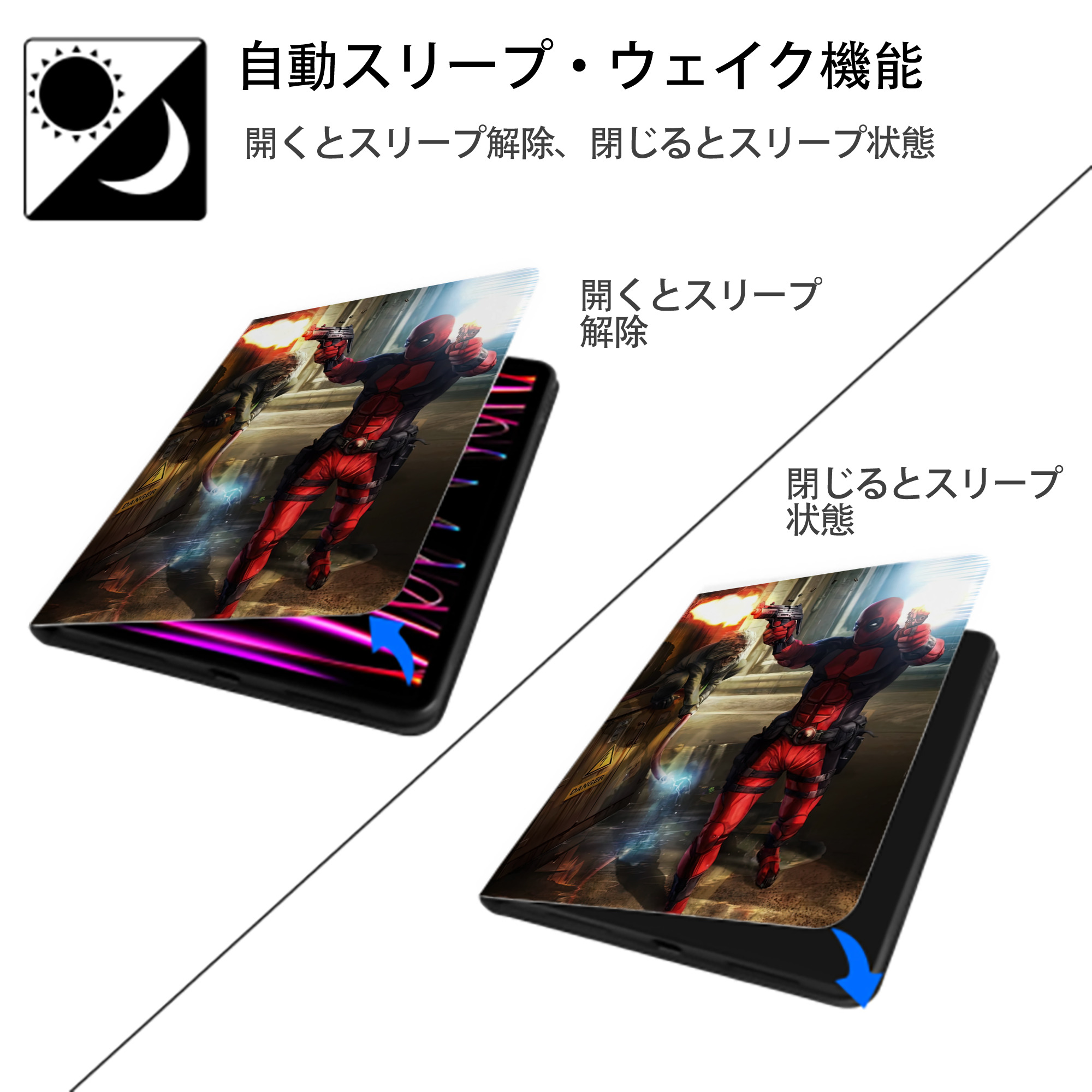 Deadpool デッドプール IPad ケース ペン収納付き 三つ折りスタンド PUレザー×シリコン 対応機種9.5/10.5/10.9インチ