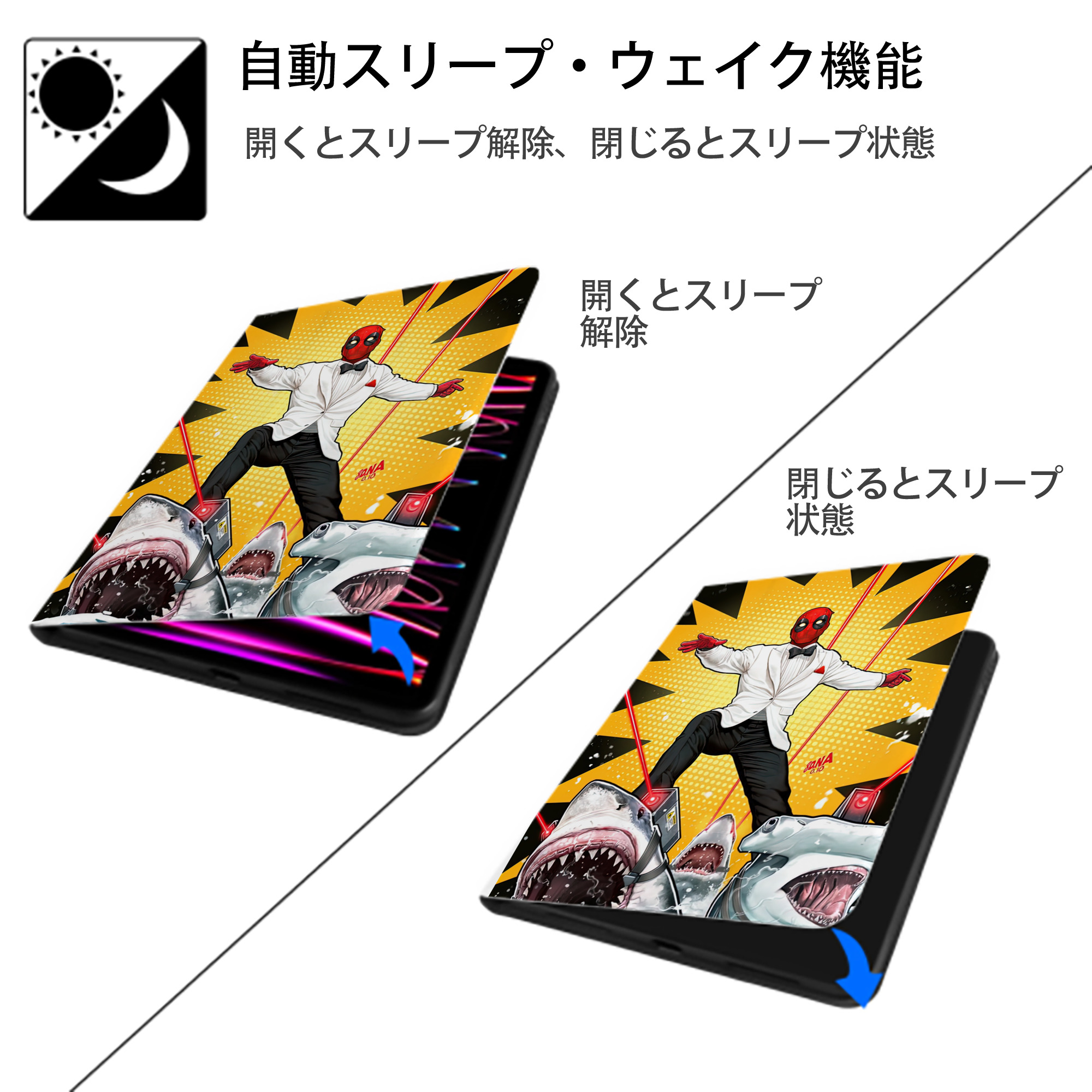 Deadpool デッドプール IPad ケース ペン収納付き 三つ折りスタンド PUレザー×シリコン 対応機種9.5/10.5/10.9インチ