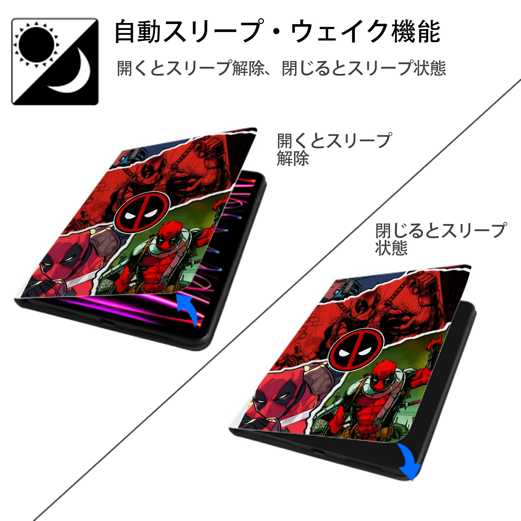 Deadpool デッドプール IPad ケース ペン収納付き 三つ折りスタンド PUレザー×シリコン 対応機種9.5/10.5/10.9インチ