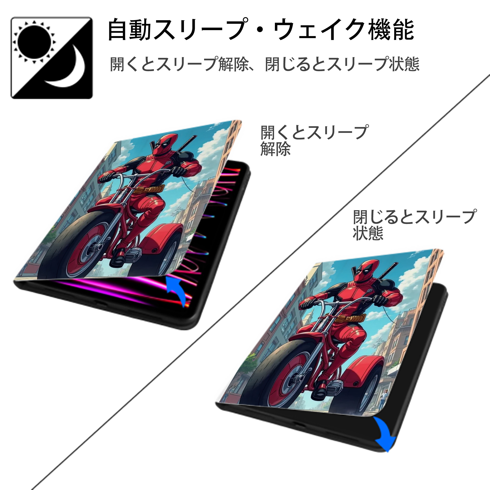 Deadpool デッドプール IPad ケース ペン収納付き 三つ折りスタンド PUレザー×シリコン 対応機種9.5/10.5/10.9インチ